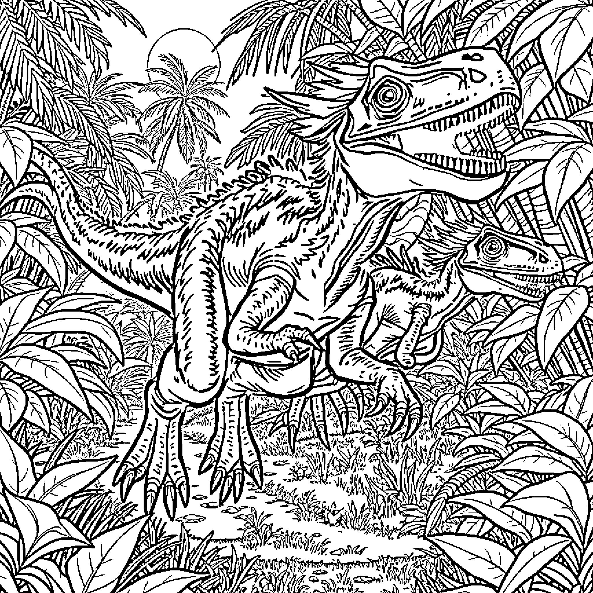 Velociraptor hunting in the tropical jungle Coloring Page (free black-and-white line drawing printable PDF for all, from beginners to advanced learners, including children, teens, adults, and seniors)