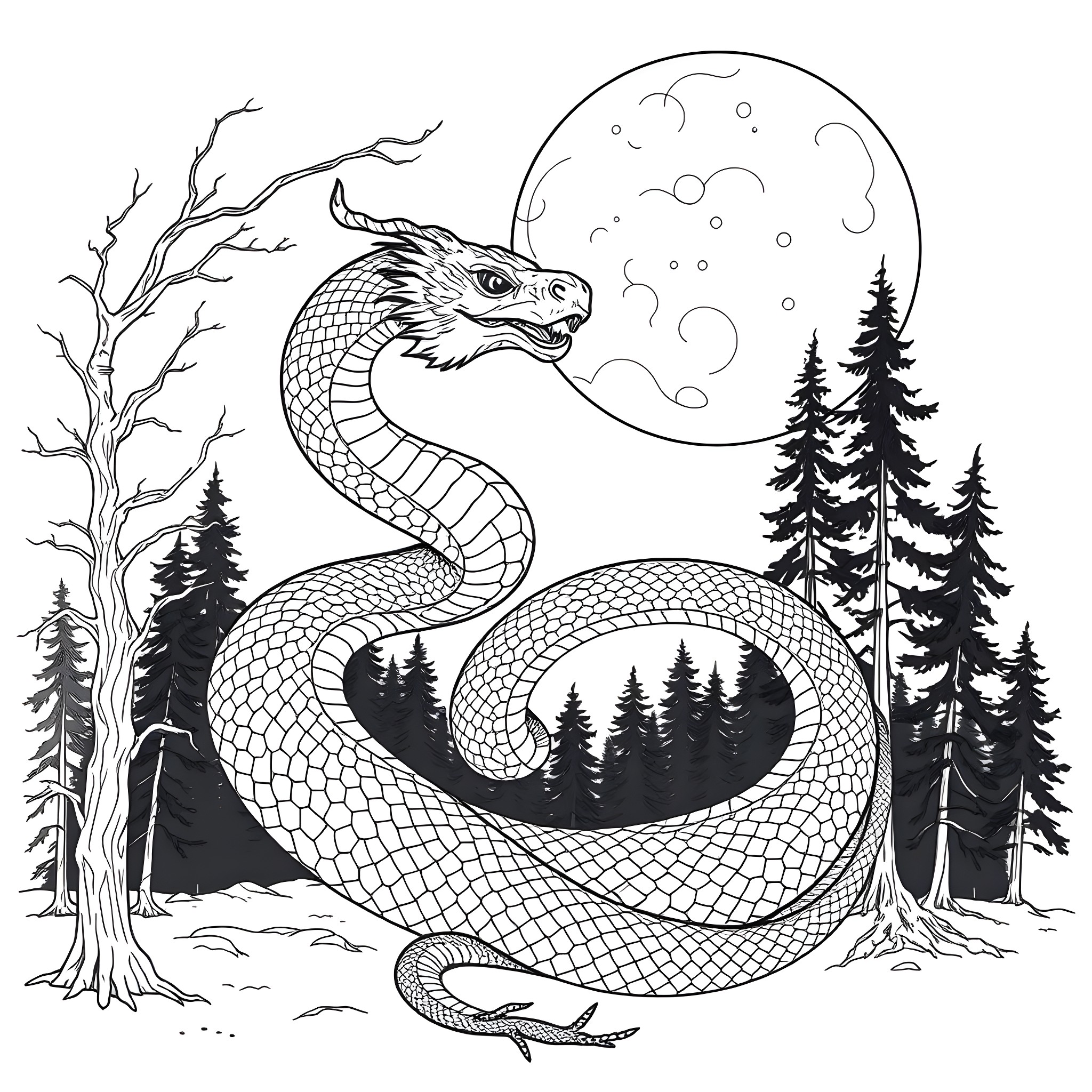 Uktena, the Mythical Serpent in the Moonlit Forest Coloring Page (free black-and-white line drawing printable PDF for all, from beginners to advanced learners, including children, teens, adults, and seniors)
