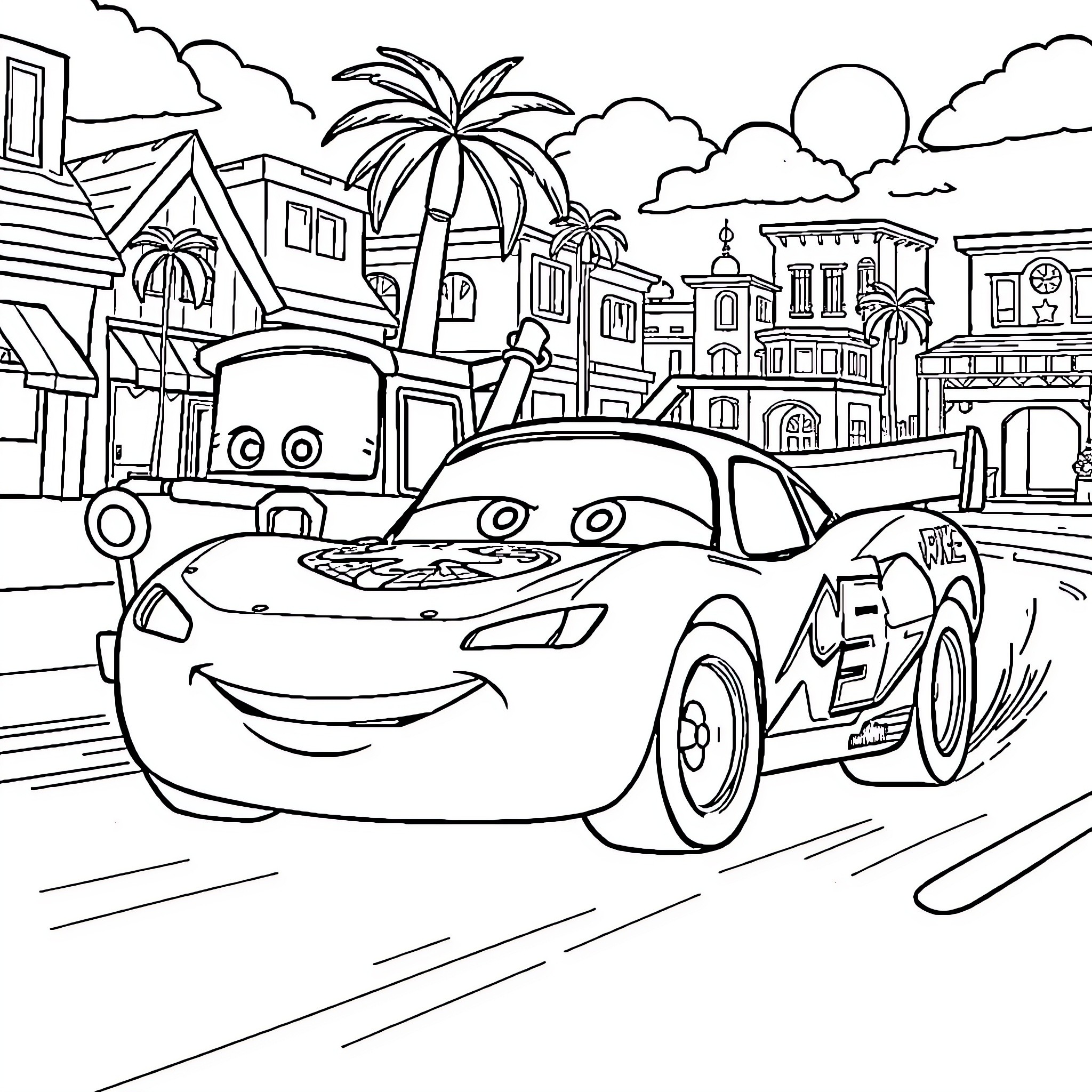 Lightning McQueen racing through a tropical town Coloring Page (free black-and-white line drawing printable PDF for all, from beginners to advanced learners, including children, teens, adults, and seniors)
