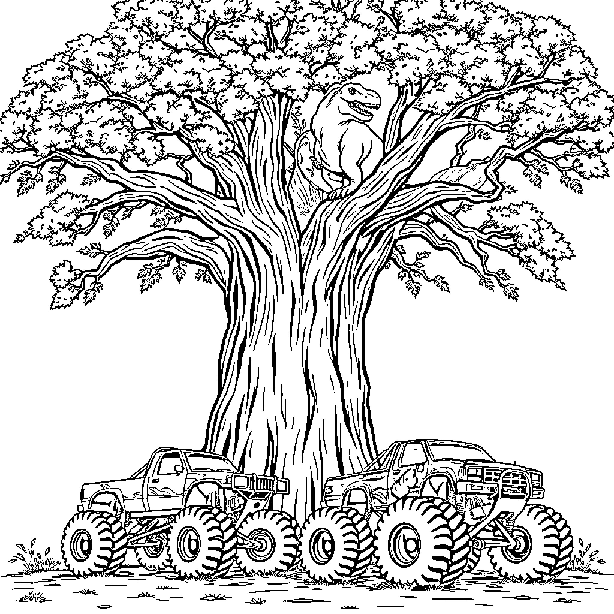 Dinosaur playing amongst oversized monster trucks Coloring Page (free black-and-white line drawing printable PDF for all, from beginners to advanced learners, including children, teens, adults, and seniors)