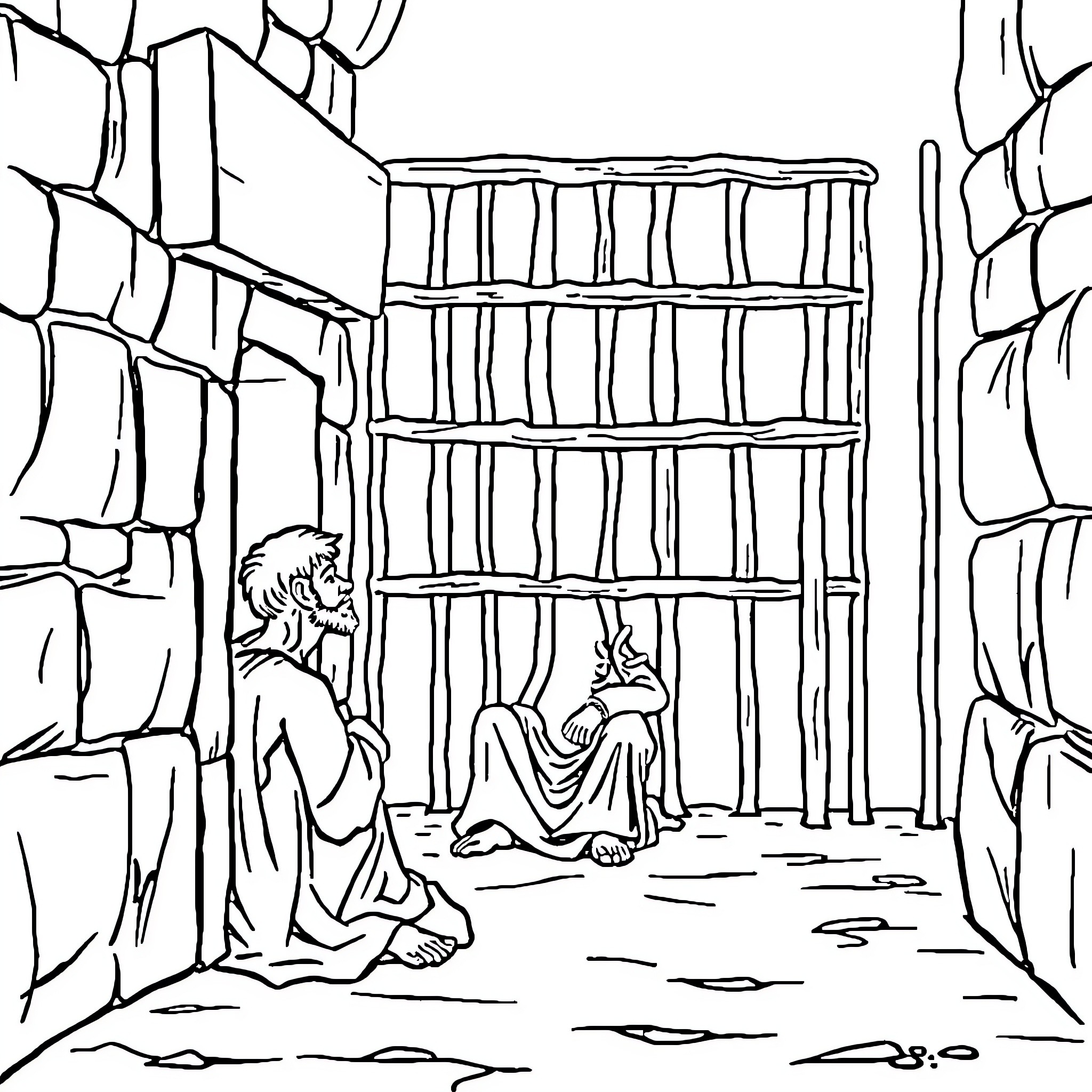 Joseph's Imprisonment and Interpretation of Dreams Coloring Page (free black-and-white line drawing printable PDF for all, from beginners to advanced learners, including children, teens, adults, and seniors)