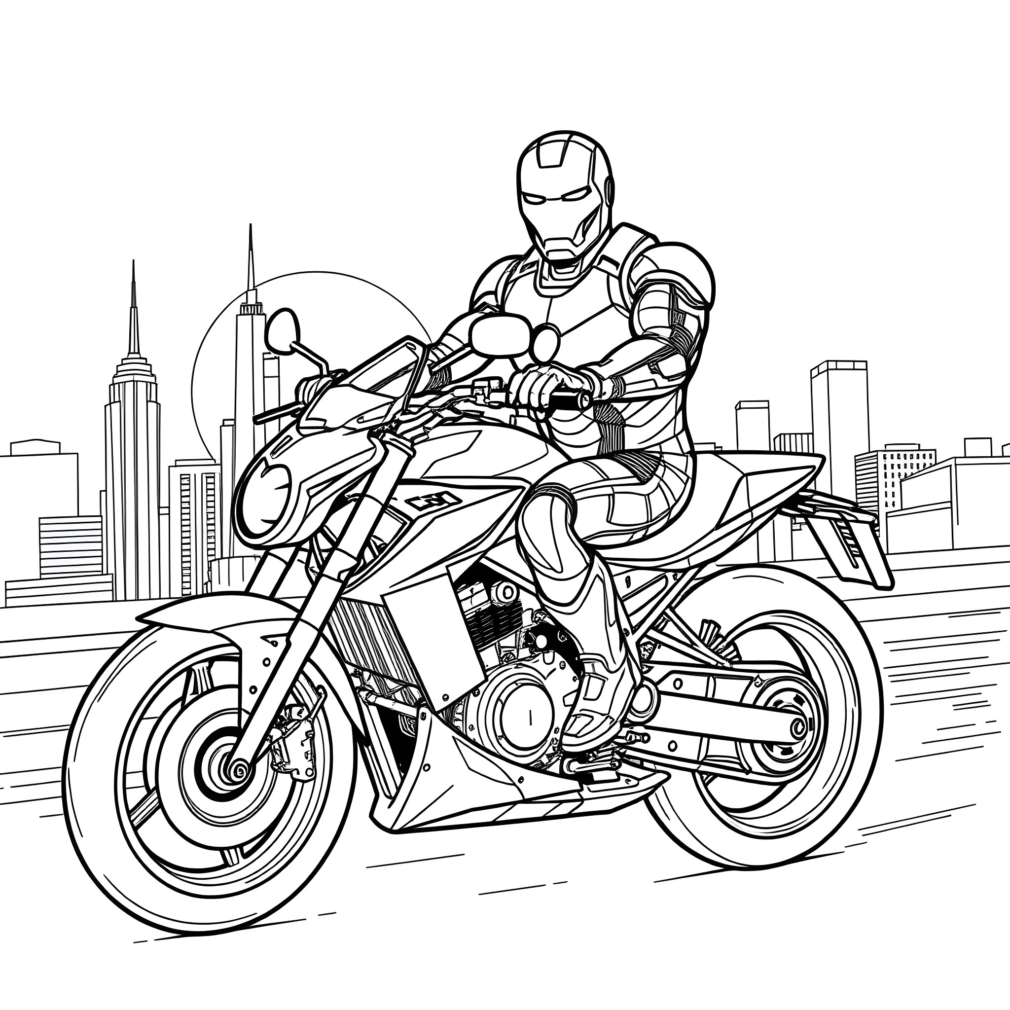 Iron Man riding a high-tech motorcycle in the city Coloring Page (free black-and-white line drawing printable PDF for all, from beginners to advanced learners, including children, teens, adults, and seniors)