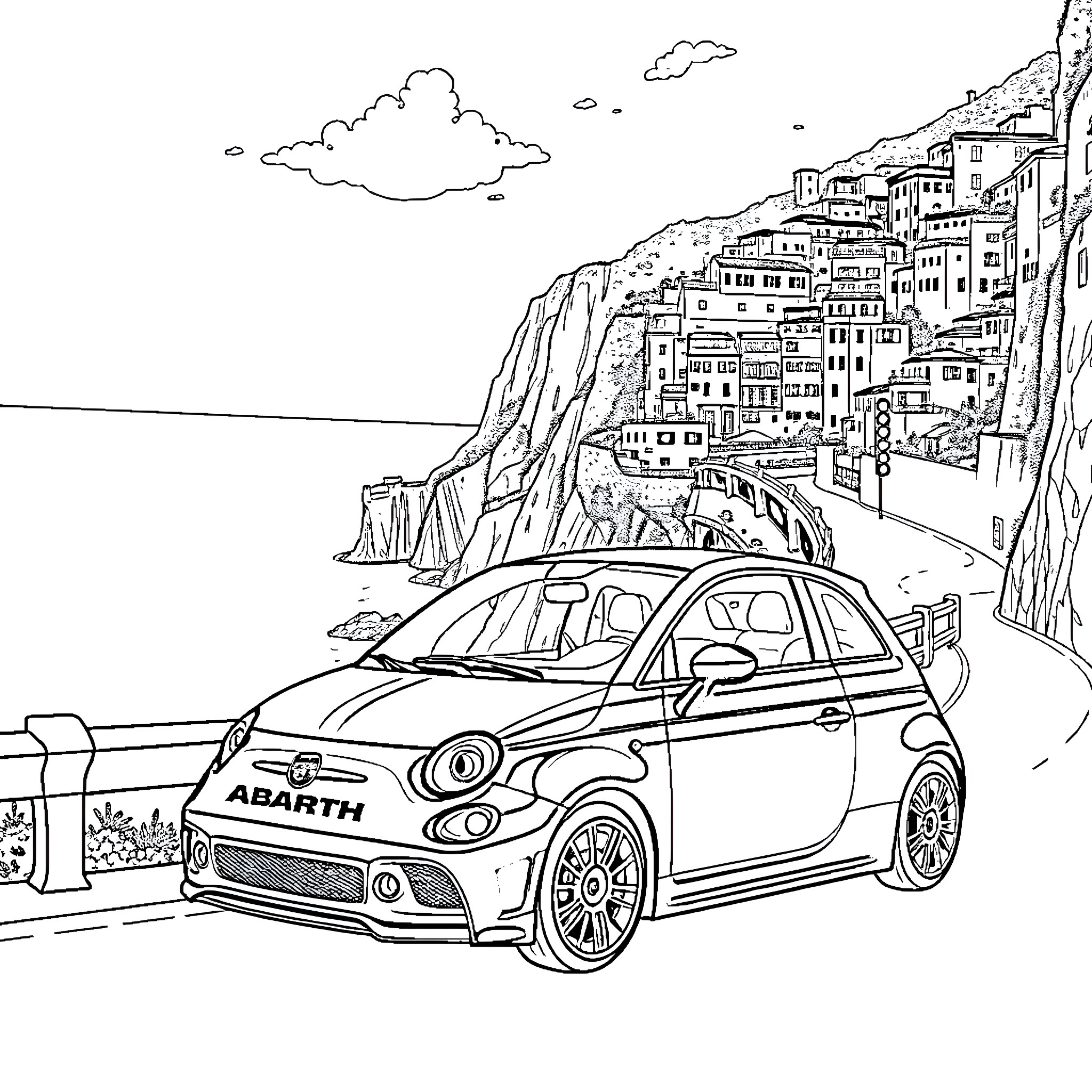 Abarth Punto parked along the scenic coastal town Coloring Page (free black-and-white line drawing printable PDF for all, from beginners to advanced learners, including children, teens, adults, and seniors)