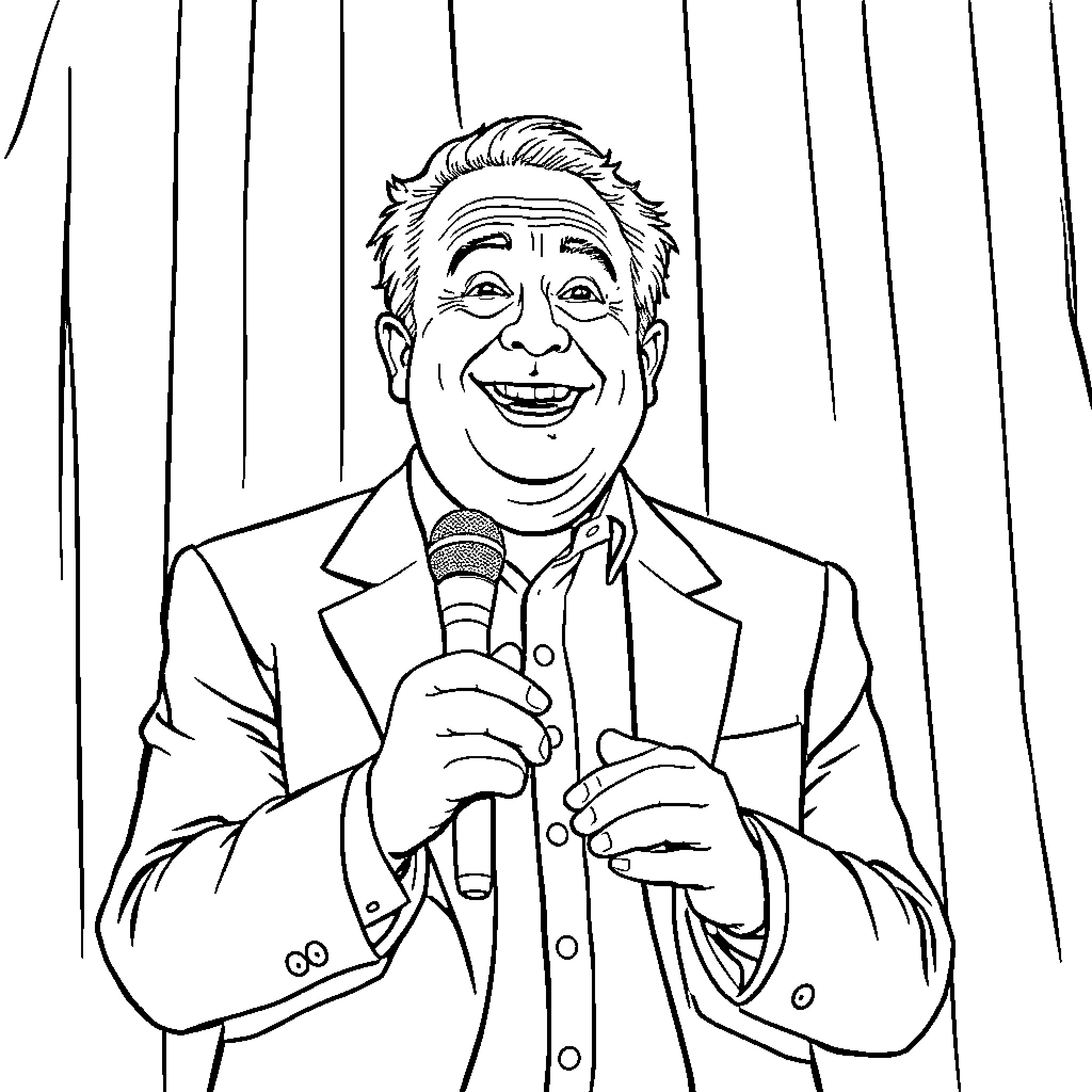 Bob Mortimer smiling and holding a microphone on stage Coloring Page (free black-and-white line drawing printable PDF for all, from beginners to advanced learners, including children, teens, adults, and seniors)