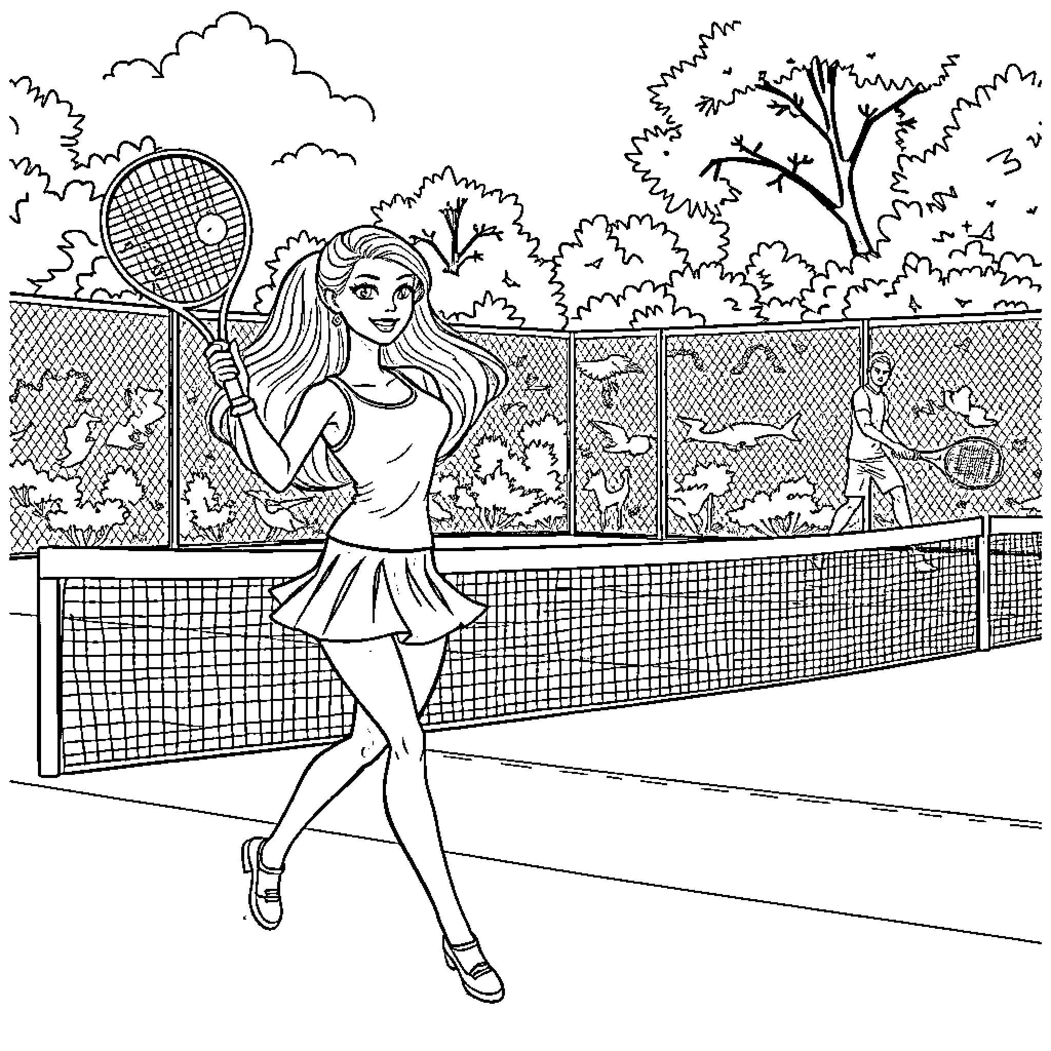 Barbie playing tennis on the court Coloring Page (free black-and-white line drawing printable PDF for all, from beginners to advanced learners, including children, teens, adults, and seniors)
