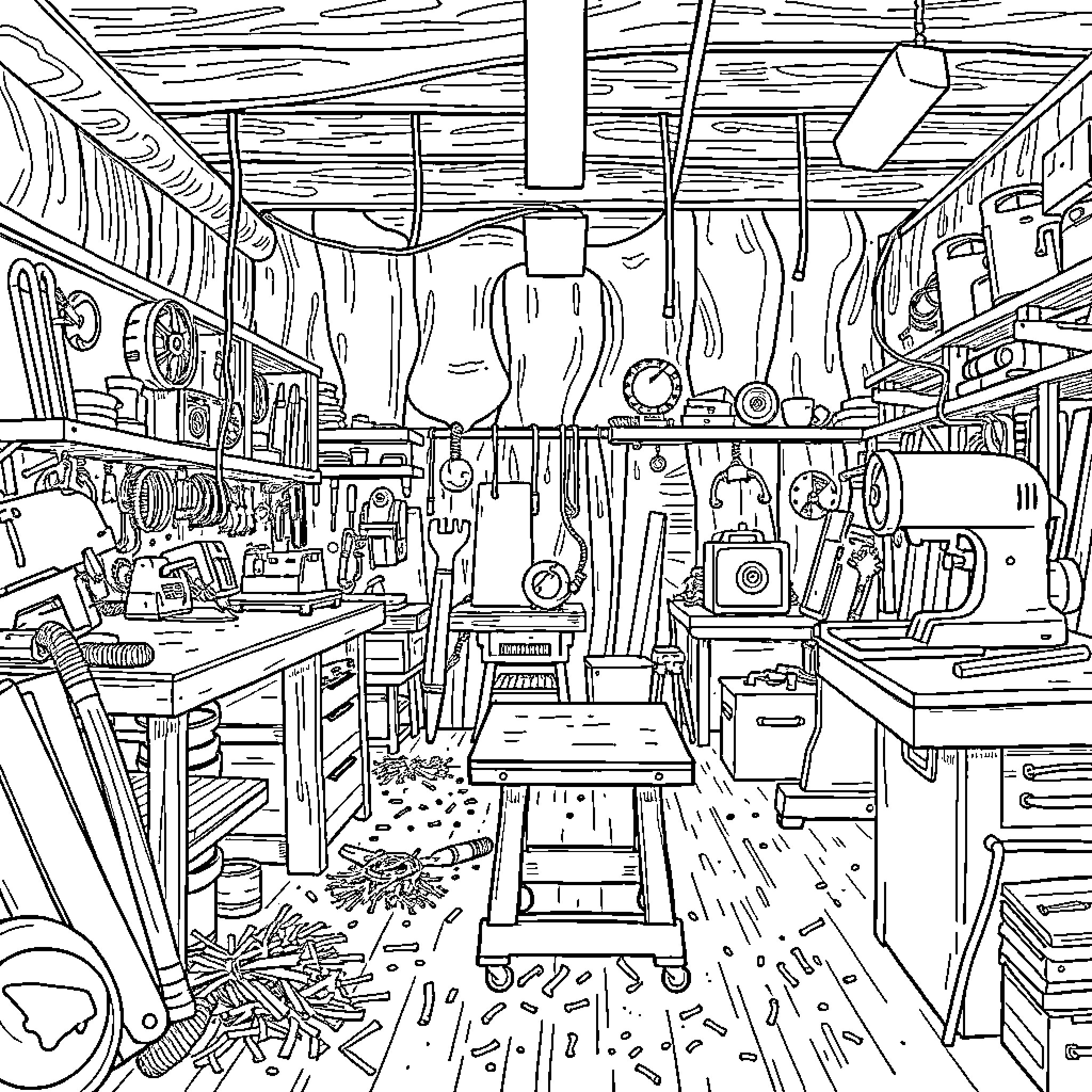 Wood Workshop with Cluttered Tools and Equipment Coloring Page (free black-and-white line drawing printable PDF for all, from beginners to advanced learners, including children, teens, adults, and seniors)
