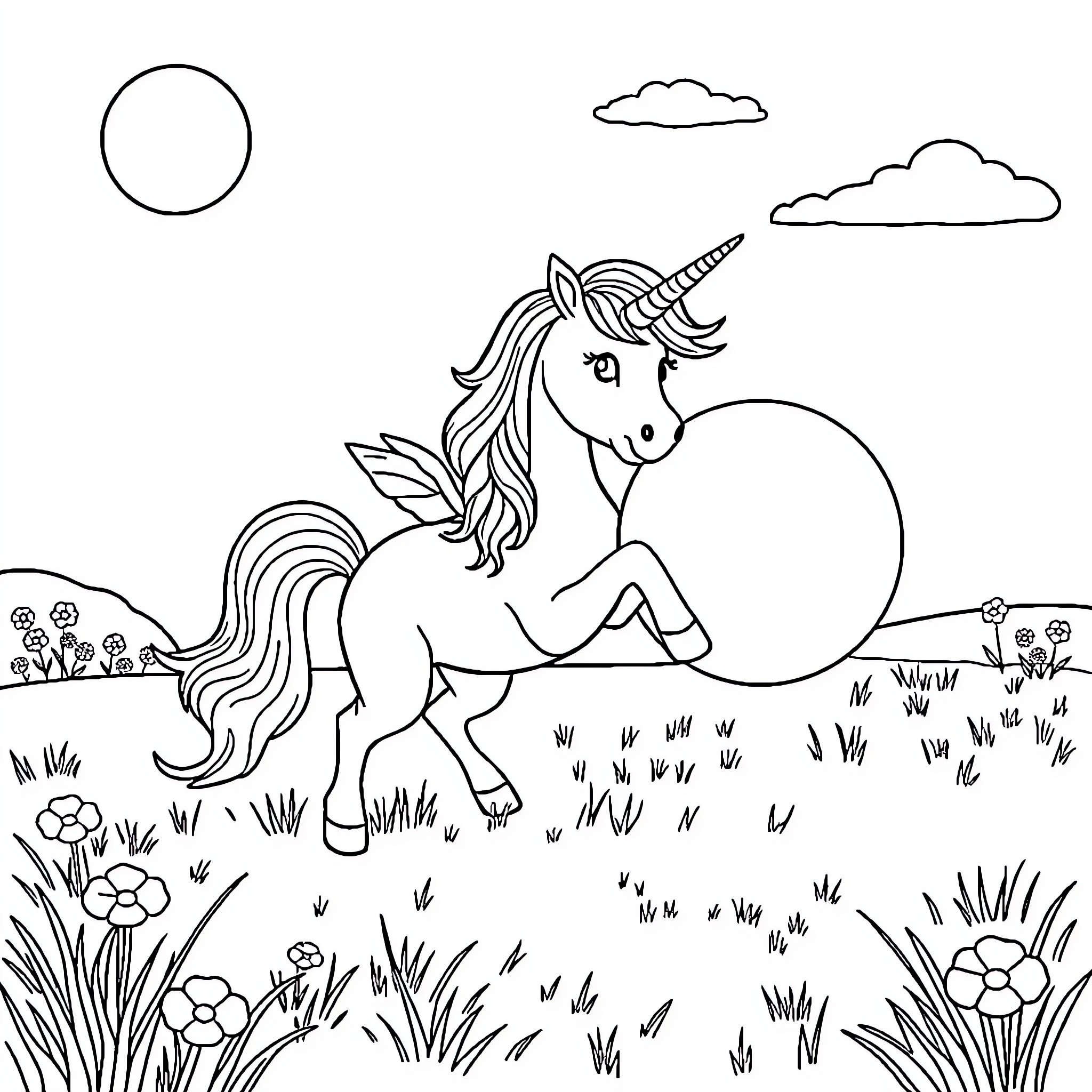 Unicorn resting peacefully in a magical meadow Coloring Page (free black-and-white line drawing printable PDF for all, from beginners to advanced learners, including children, teens, adults, and seniors)