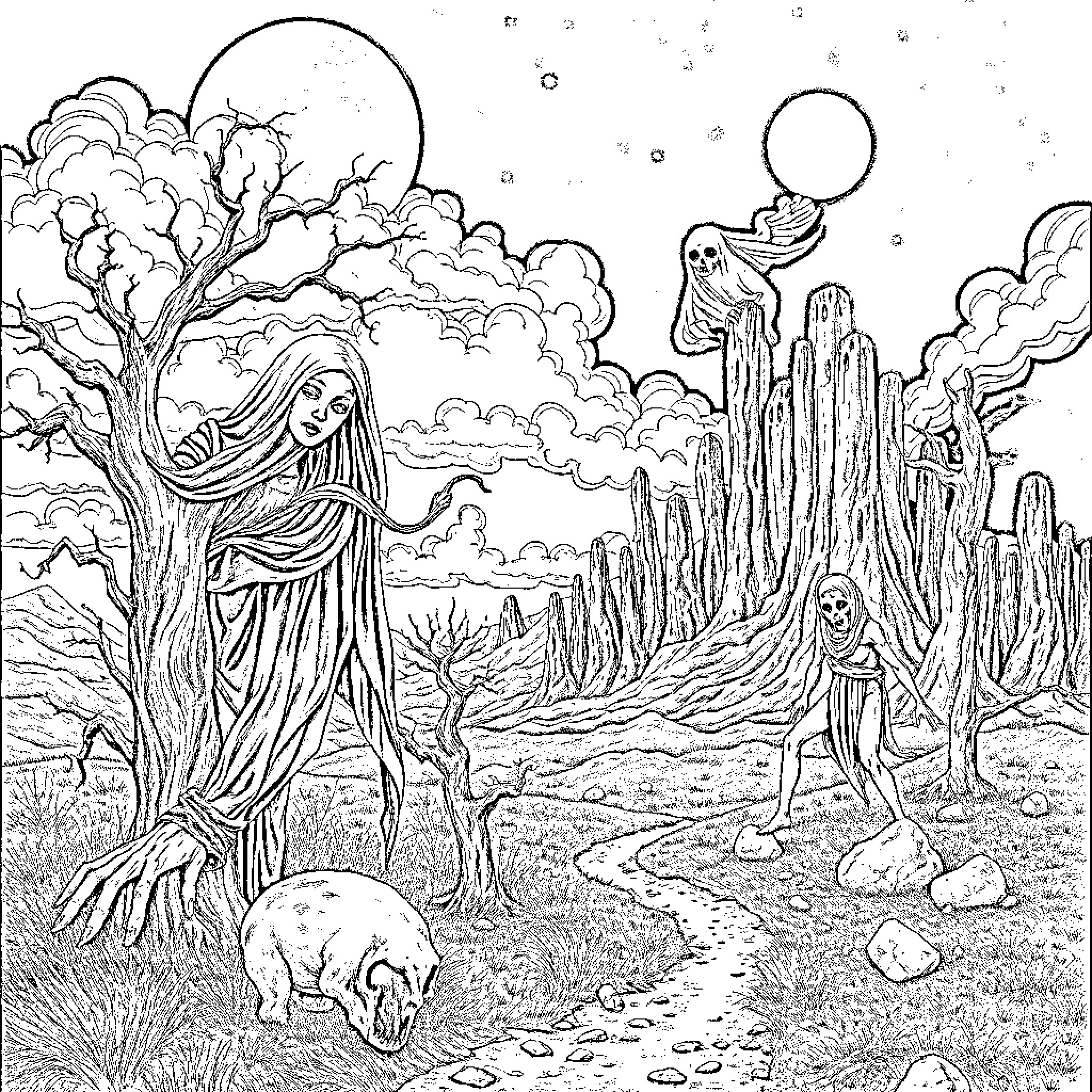 Zdislaw Bekinski's Surreal Dreamscape with Ethereal Figures Coloring Page (free black-and-white line drawing printable PDF for all, from beginners to advanced learners, including children, teens, adults, and seniors)