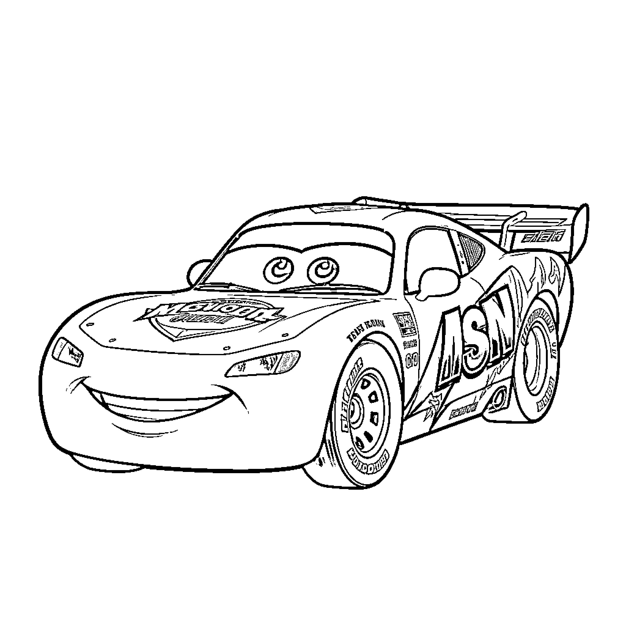 Car smiling confidently with racing decals and decals Coloring Page (free black-and-white line drawing printable PDF for all, from beginners to advanced learners, including children, teens, adults, and seniors)