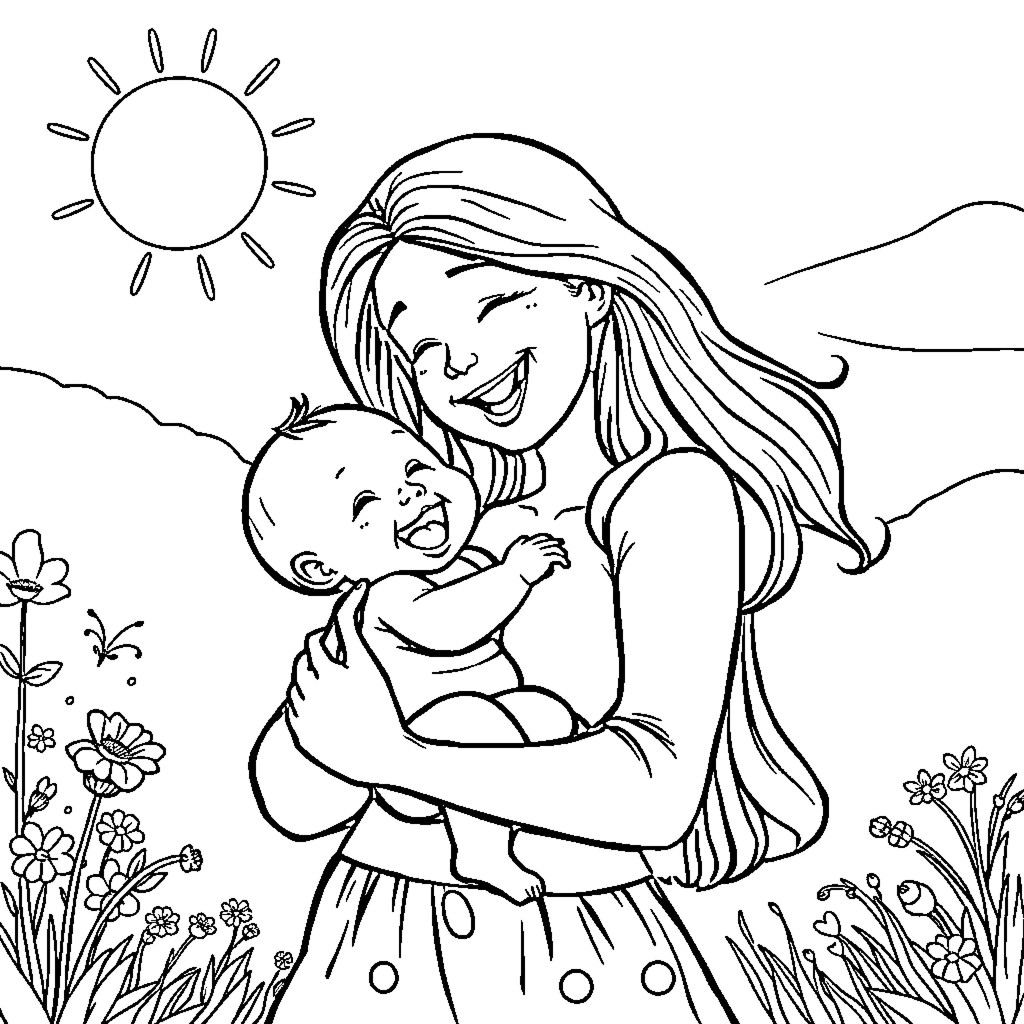 Baby and mother enjoying nature together Coloring Page (free black-and-white line drawing printable PDF for all, from beginners to advanced learners, including children, teens, adults, and seniors)