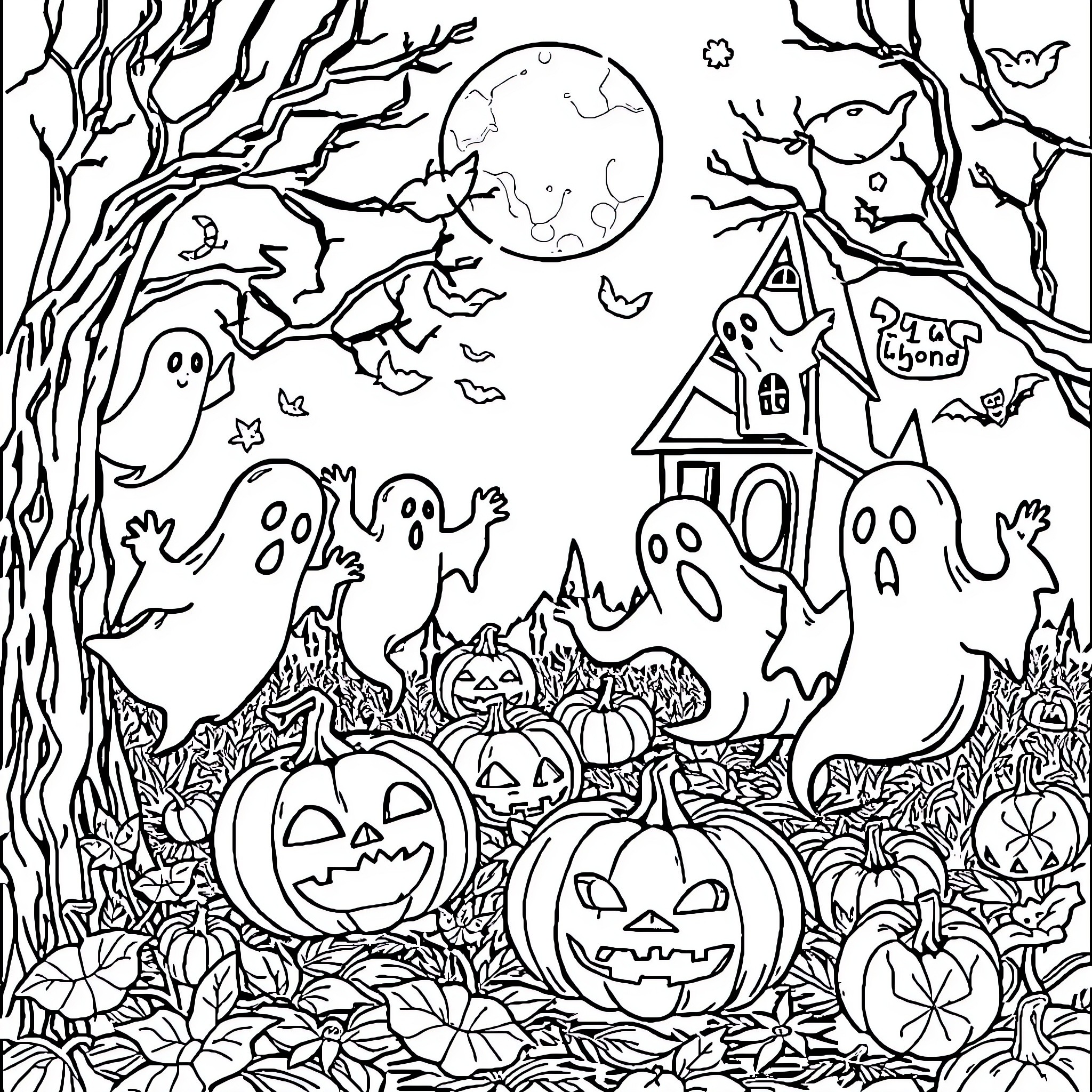 Book of Haunted Halloween Scenes Coloring Page (free black-and-white line drawing printable PDF for all, from beginners to advanced learners, including children, teens, adults, and seniors)