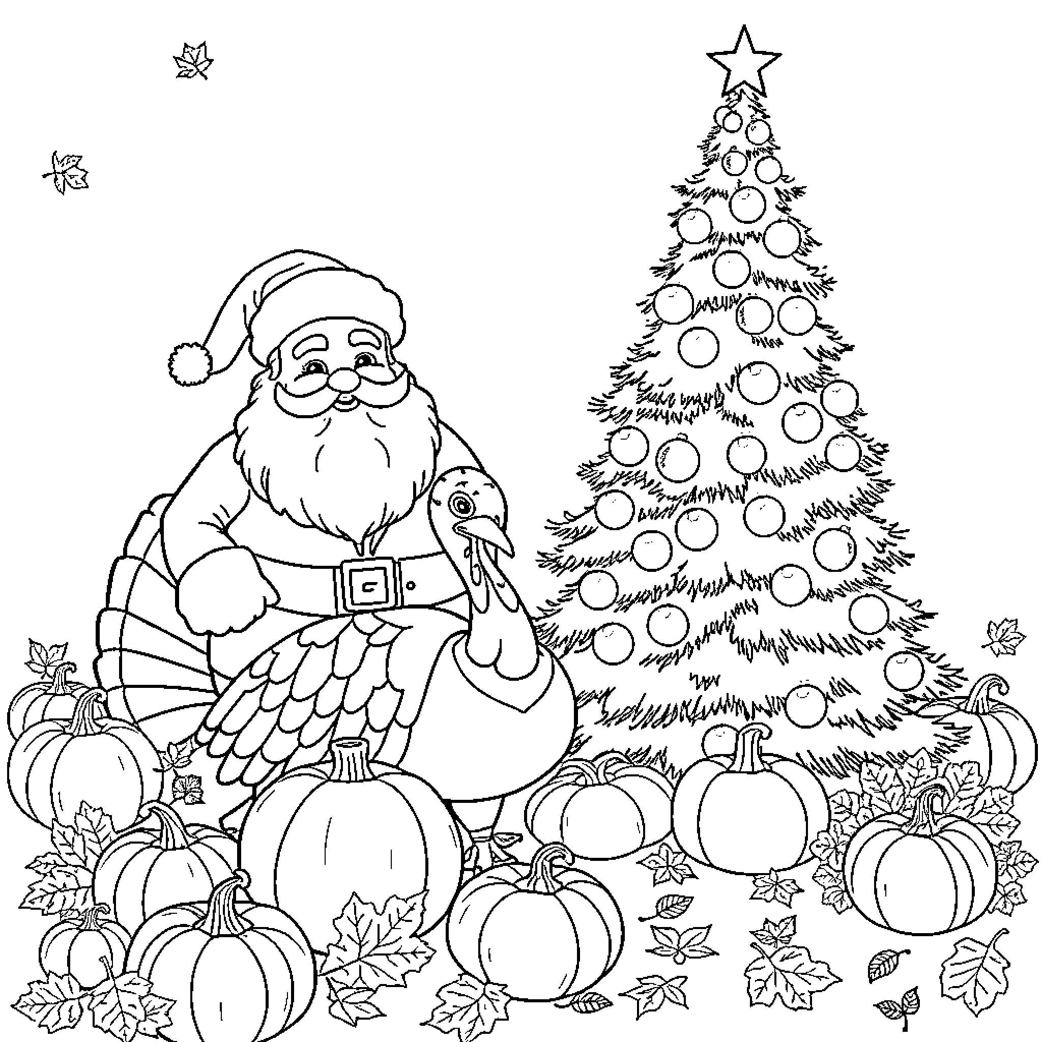 Turkey Santa decorating Christmas tree with pumpkins Coloring Page (free black-and-white line drawing printable PDF for all, from beginners to advanced learners, including children, teens, adults, and seniors)