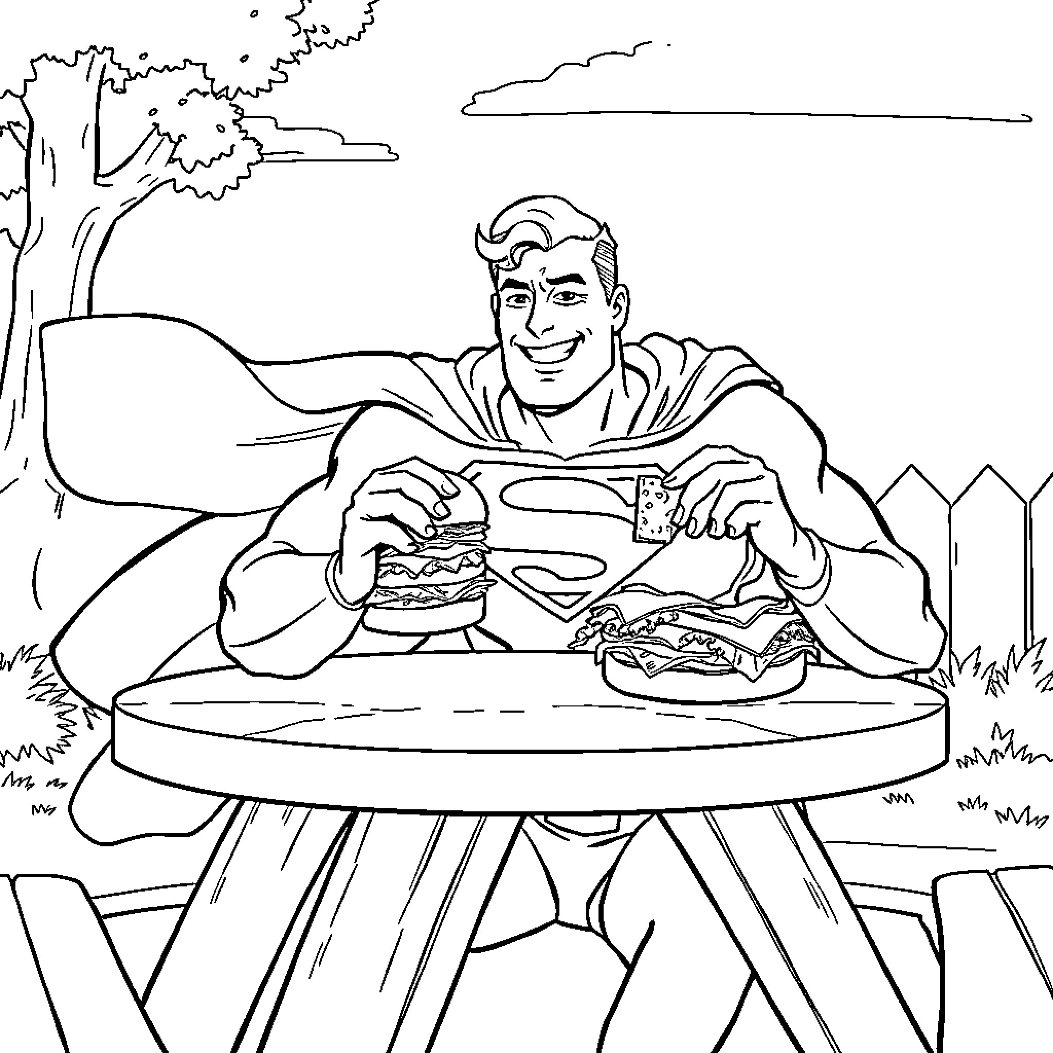 Superman enjoying a delicious meal in a scenic setting Coloring Page (free black-and-white line drawing printable PDF for all, from beginners to advanced learners, including children, teens, adults, and seniors)