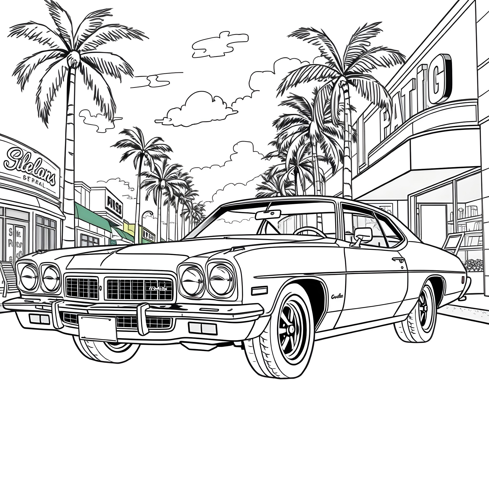 Car on the street with palm trees and buildings Coloring Page (free black-and-white line drawing printable PDF for all, from beginners to advanced learners, including children, teens, adults, and seniors)