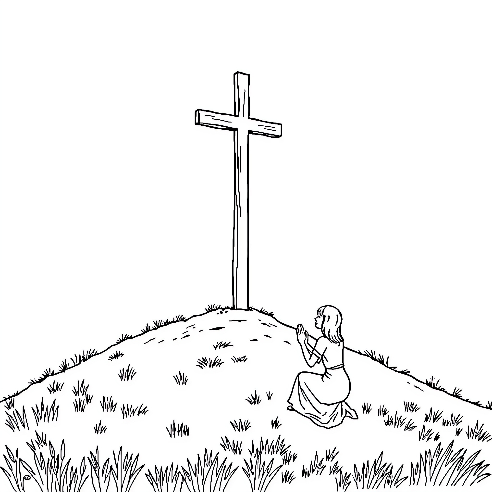 Cross on a Hill with Praying Figure Coloring Page (free black-and-white line drawing printable PDF for all, from beginners to advanced learners, including children, teens, adults, and seniors)