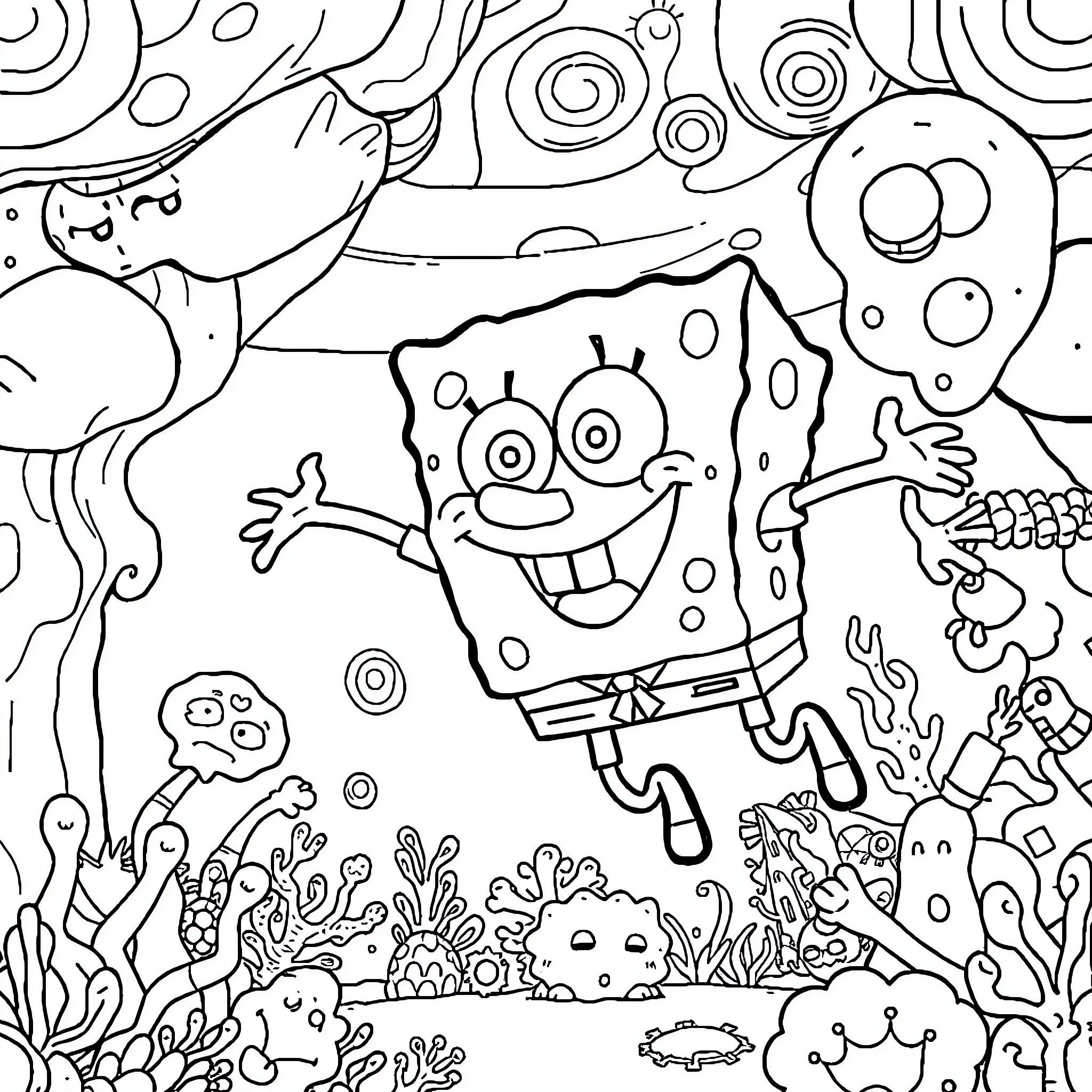 Spongebob and friends in a whimsical underwater world Coloring Page (free black-and-white line drawing printable PDF for all, from beginners to advanced learners, including children, teens, adults, and seniors)