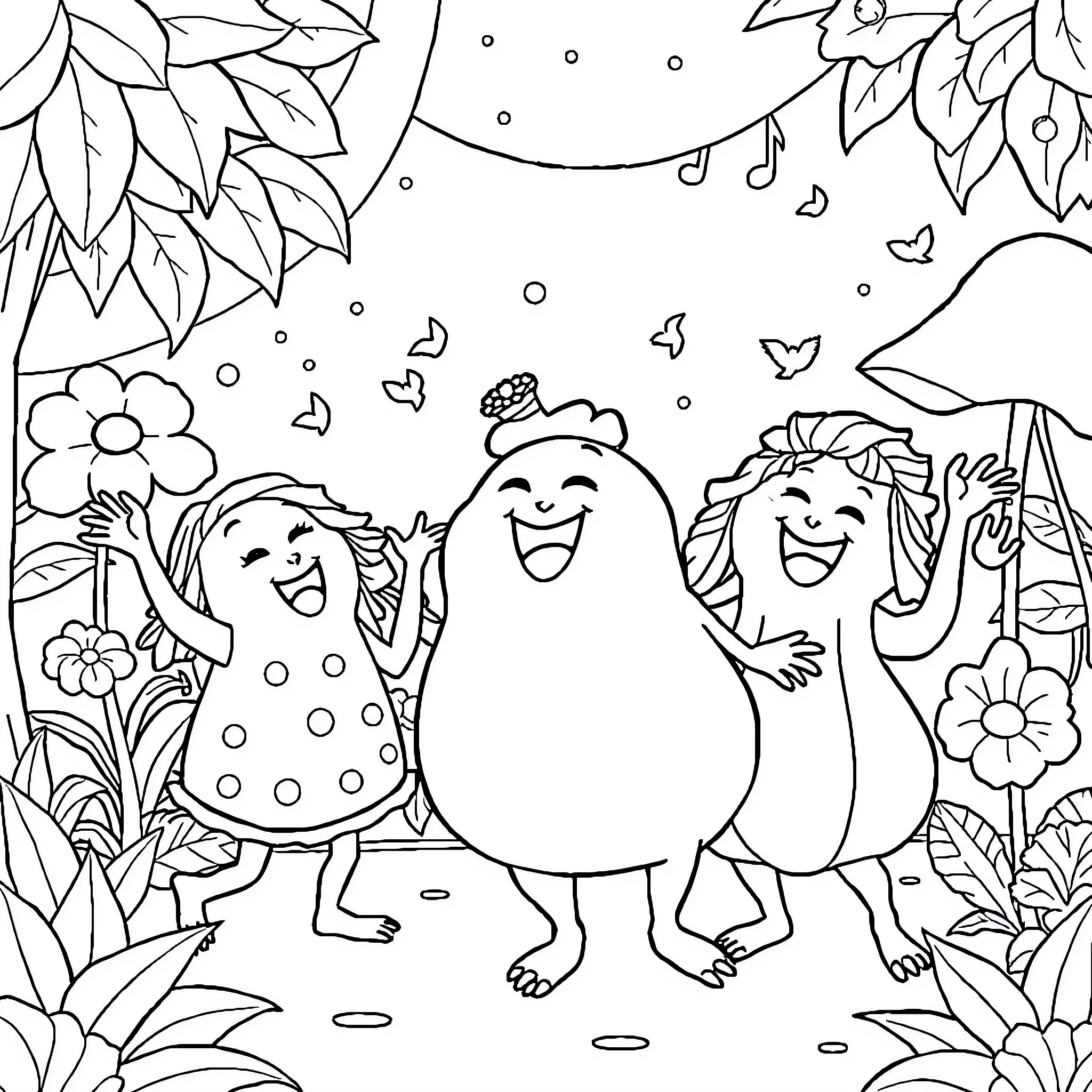 Coco Melon Characters Playing Happily in Nature Coloring Page (free black-and-white line drawing printable PDF for all, from beginners to advanced learners, including children, teens, adults, and seniors)