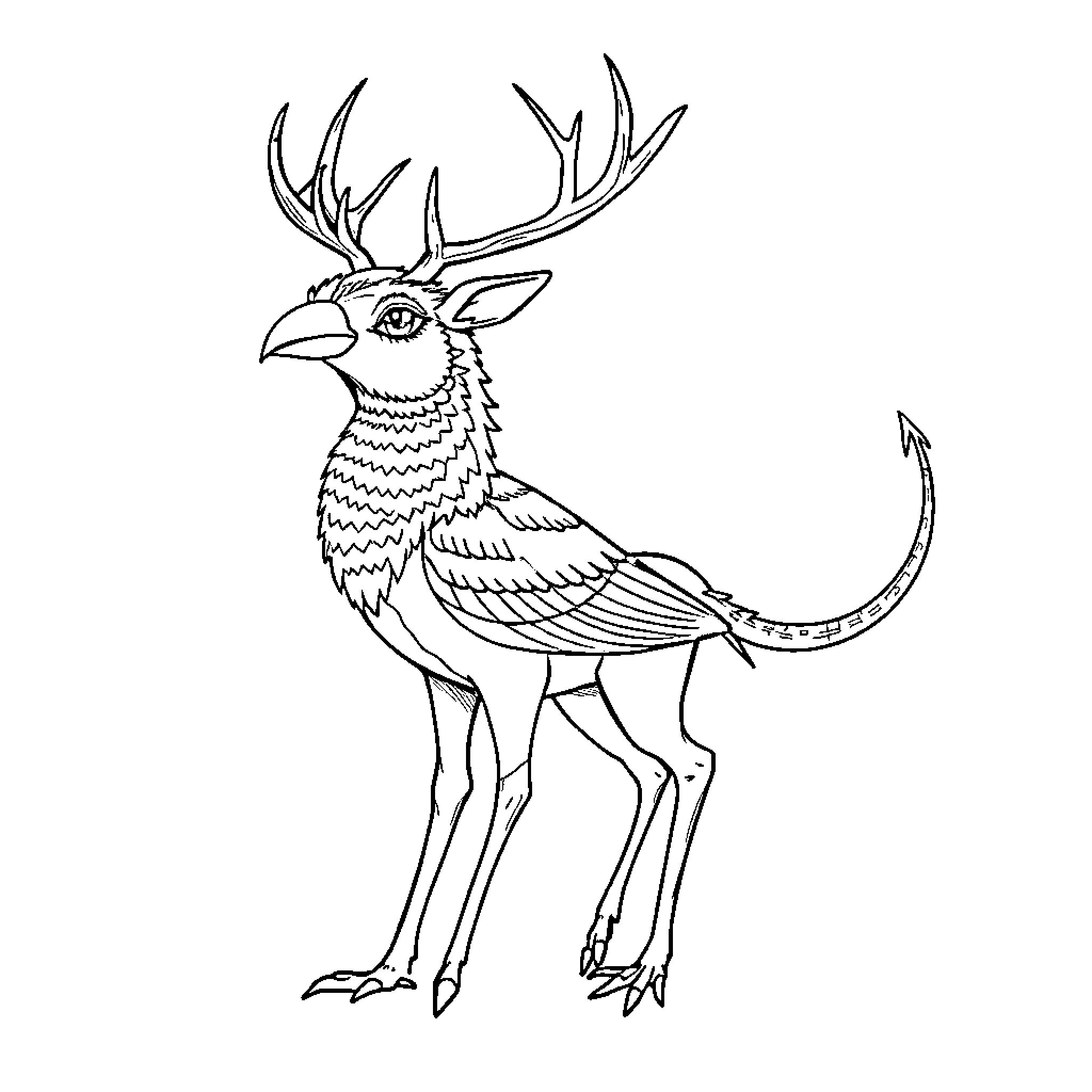 Mythical Deer-like Creature with Elaborate Feathers Coloring Page (free black-and-white line drawing printable PDF for all, from beginners to advanced learners, including children, teens, adults, and seniors)
