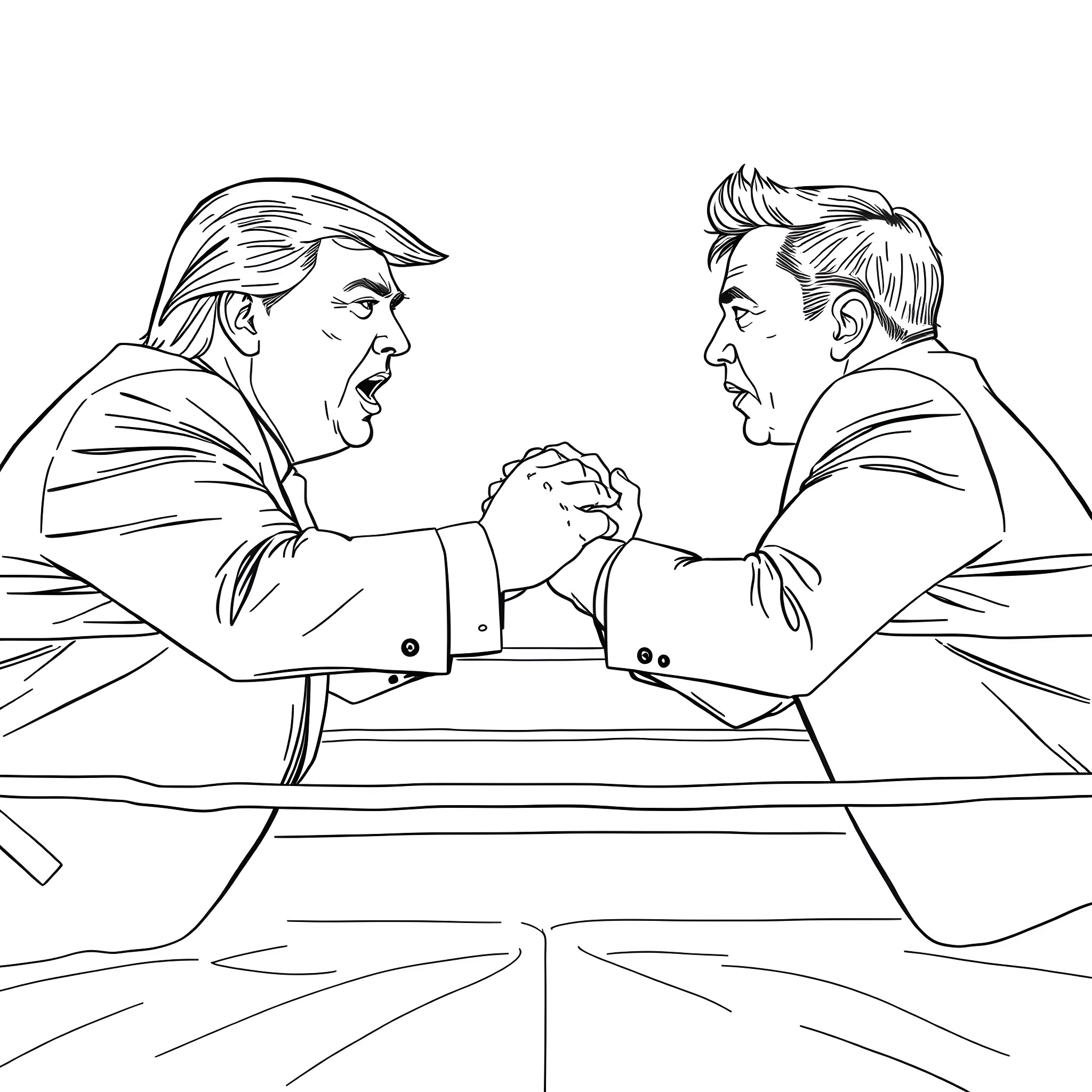 Donald Trump and opponent facing off in heated debate Coloring Page (free black-and-white line drawing printable PDF for all, from beginners to advanced learners, including children, teens, adults, and seniors)