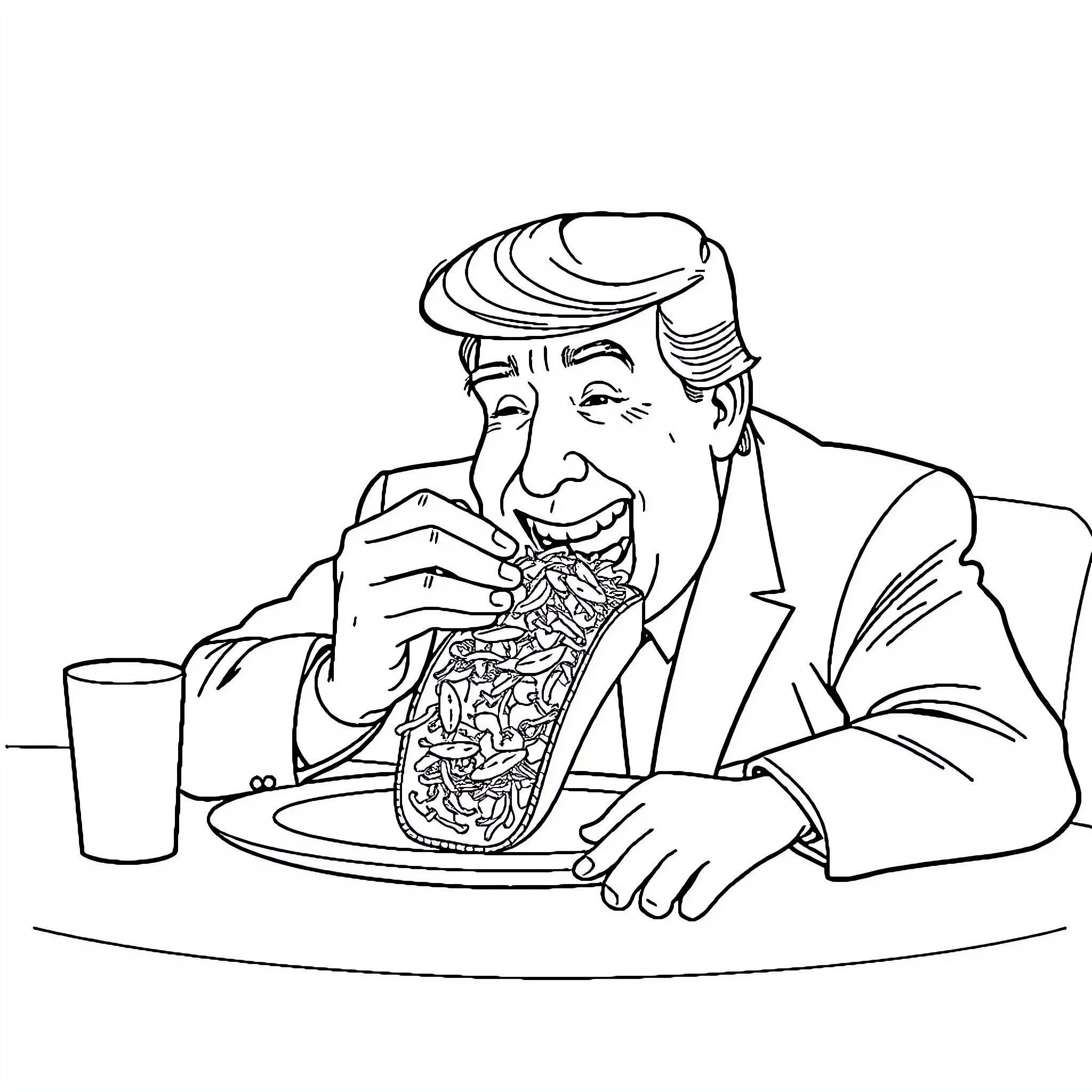 Trump enjoying a hearty meal at a diner Coloring Page (free black-and-white line drawing printable PDF for all, from beginners to advanced learners, including children, teens, adults, and seniors)