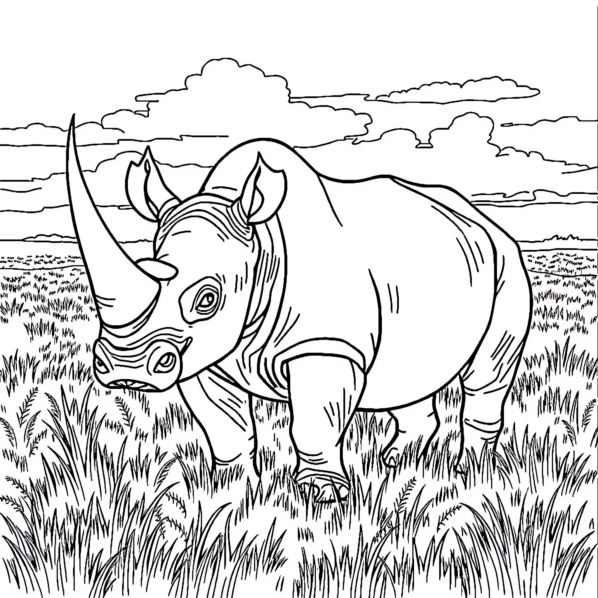 Rhinoceros grazing in the wild landscape Coloring Page (free black-and-white line drawing printable PDF for all, from beginners to advanced learners, including children, teens, adults, and seniors)