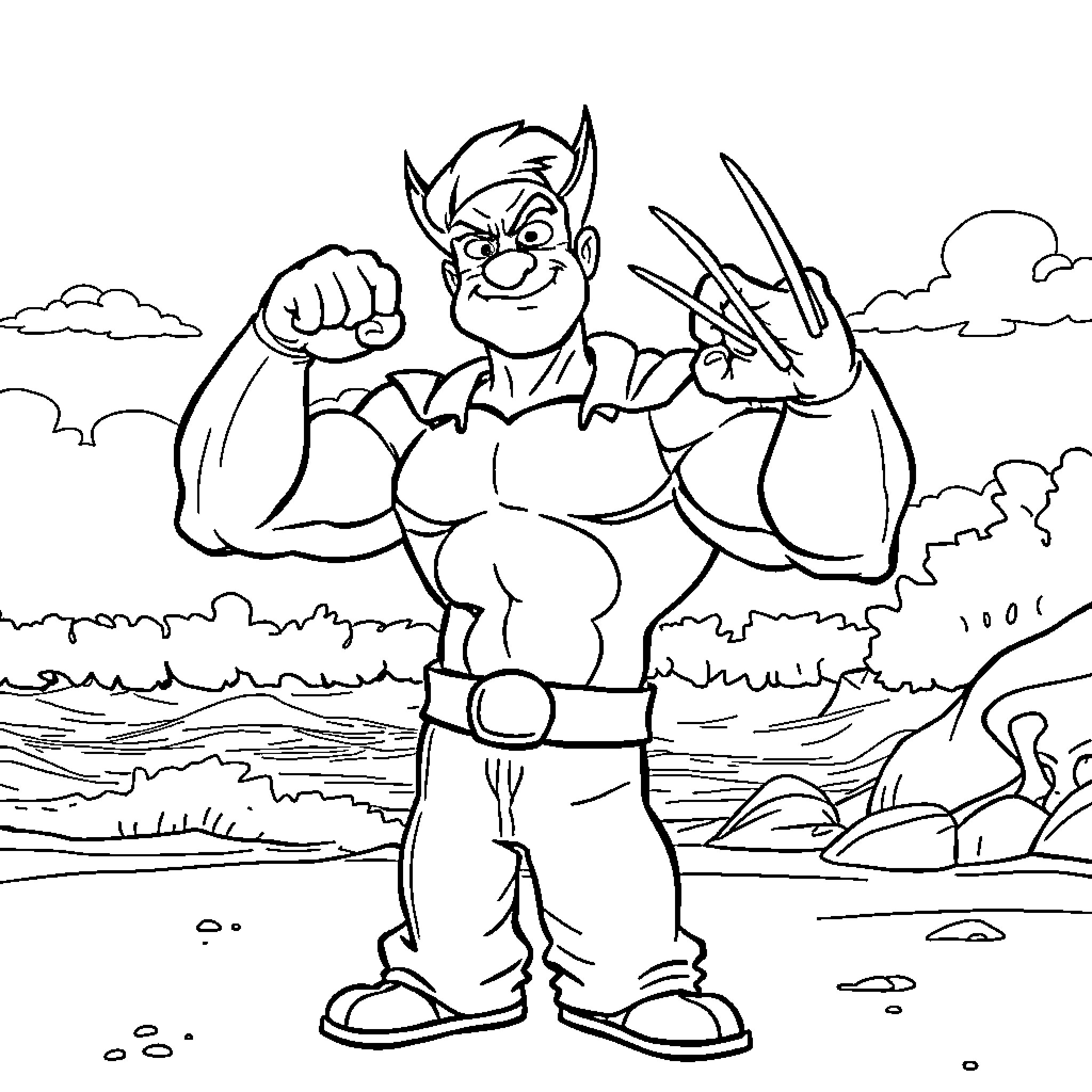 Popeye's Powerful Pose in the Great Outdoors Coloring Page (free black-and-white line drawing printable PDF for all, from beginners to advanced learners, including children, teens, adults, and seniors)