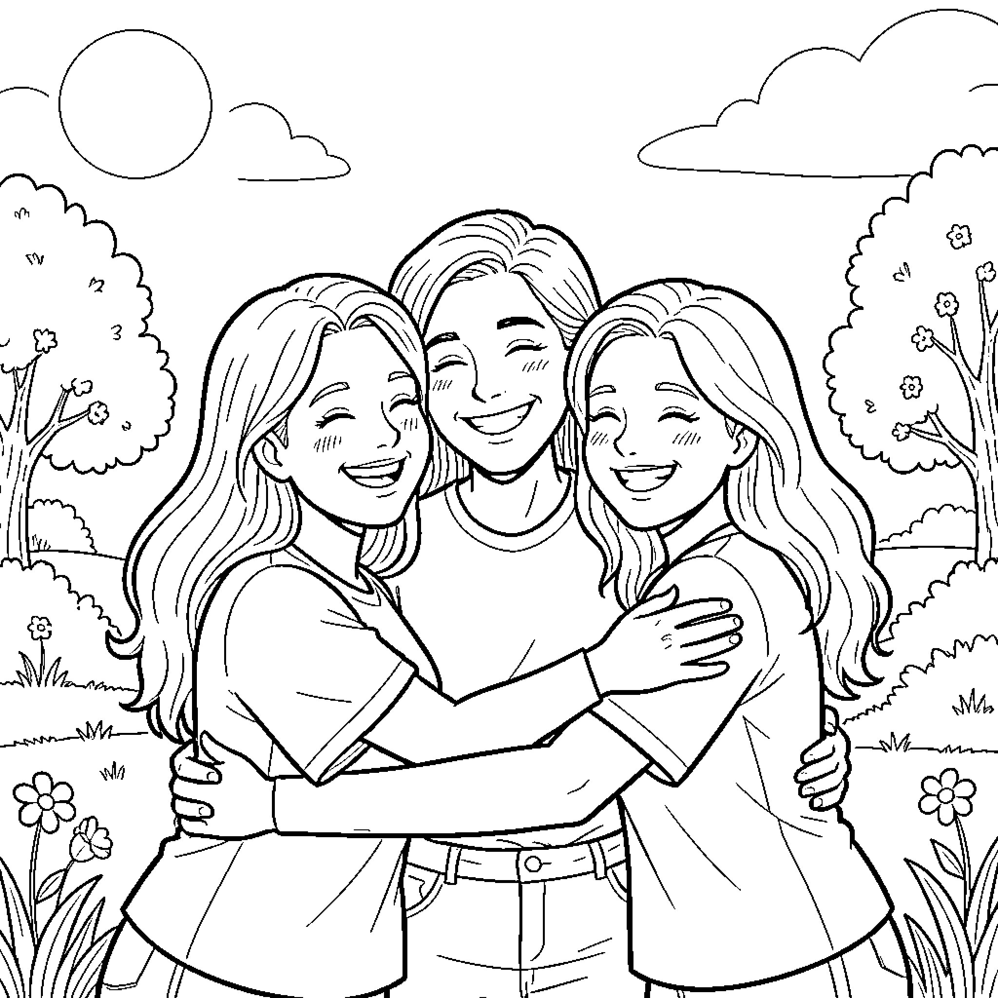 Hermanas - Sisters sharing a joyful embrace Coloring Page (free black-and-white line drawing printable PDF for all, from beginners to advanced learners, including children, teens, adults, and seniors)