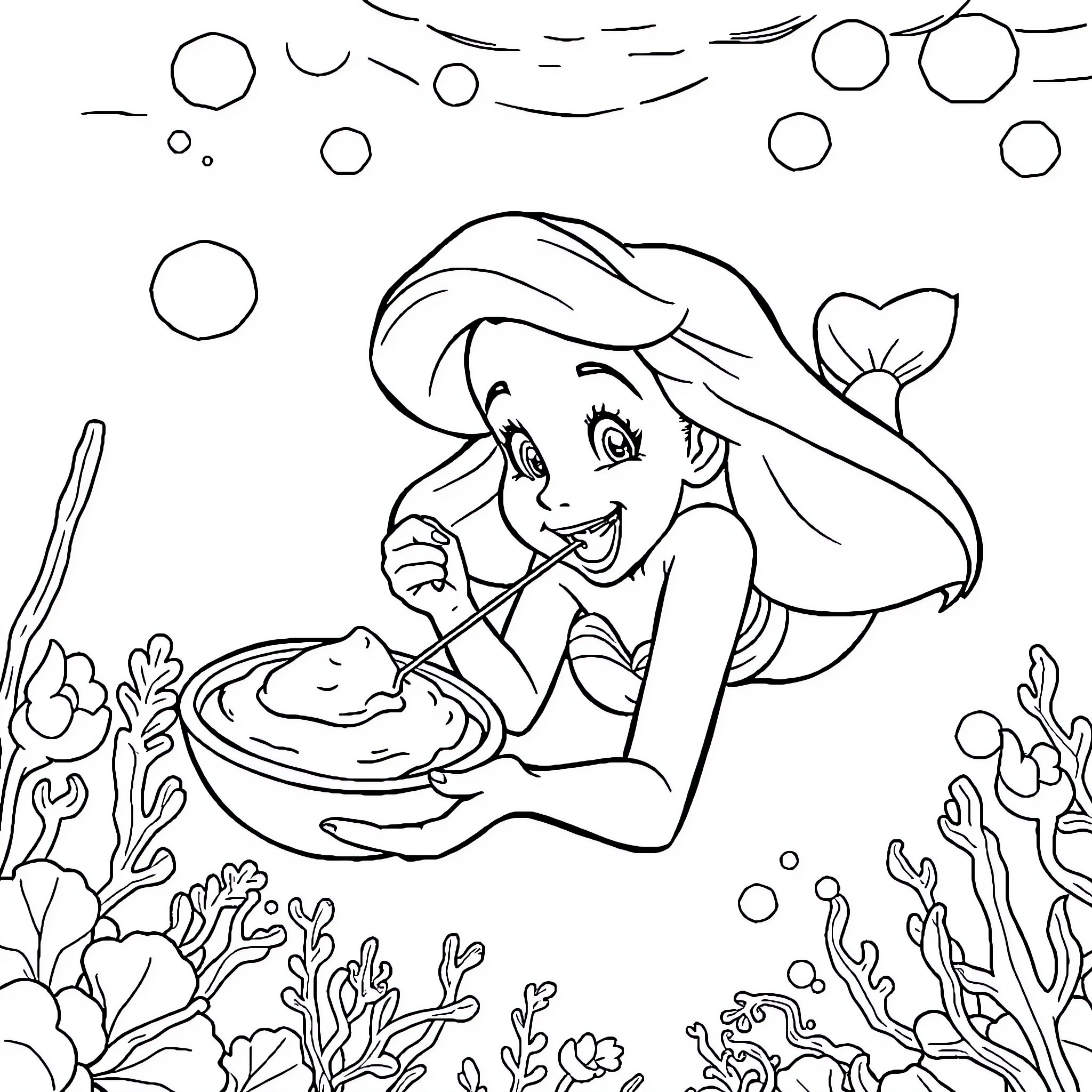 Ariel exploring the underwater world Coloring Page (free black-and-white line drawing printable PDF for all, from beginners to advanced learners, including children, teens, adults, and seniors)