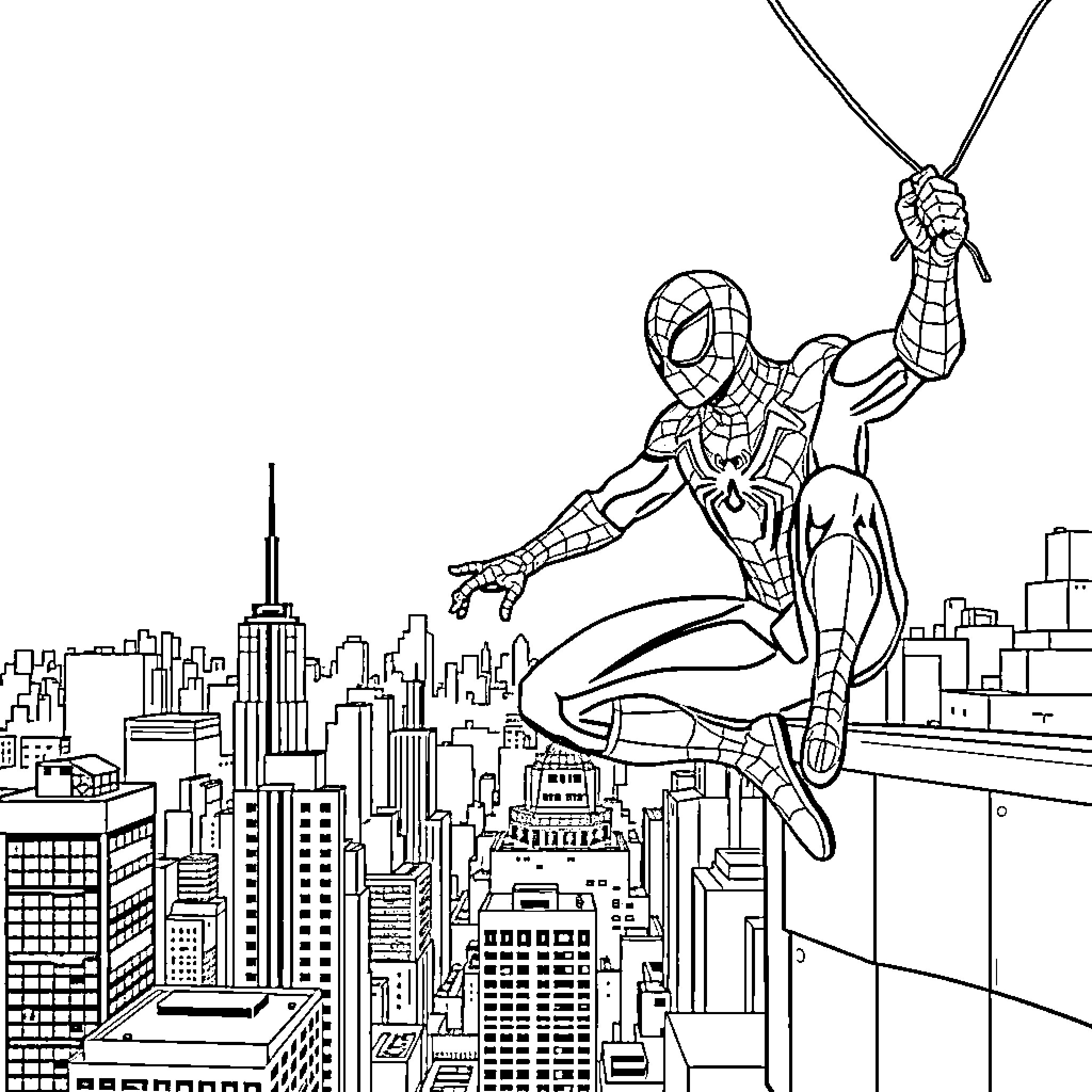 Spider-Man swinging through the city skyline Coloring Page (free black-and-white line drawing printable PDF for all, from beginners to advanced learners, including children, teens, adults, and seniors)