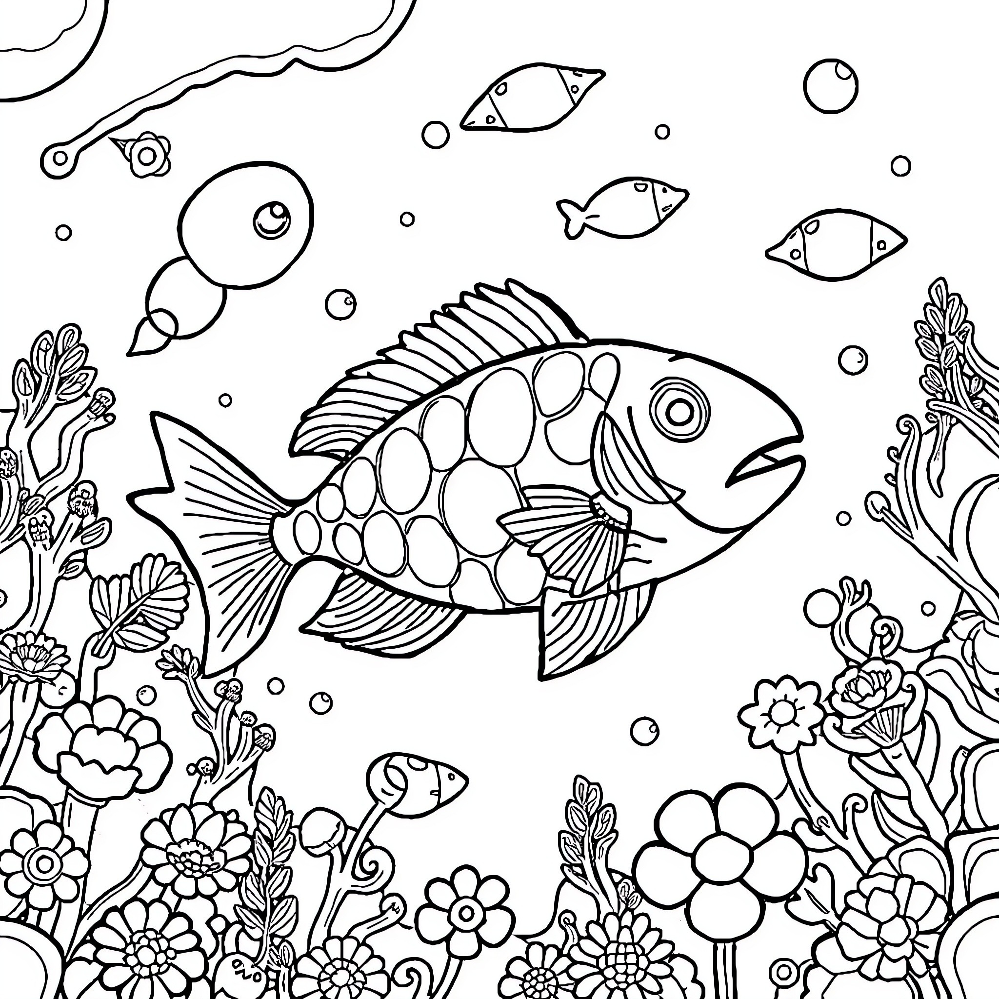 Mermaid swimming among vibrant sea creatures Coloring Page (free black-and-white line drawing printable PDF for all, from beginners to advanced learners, including children, teens, adults, and seniors)