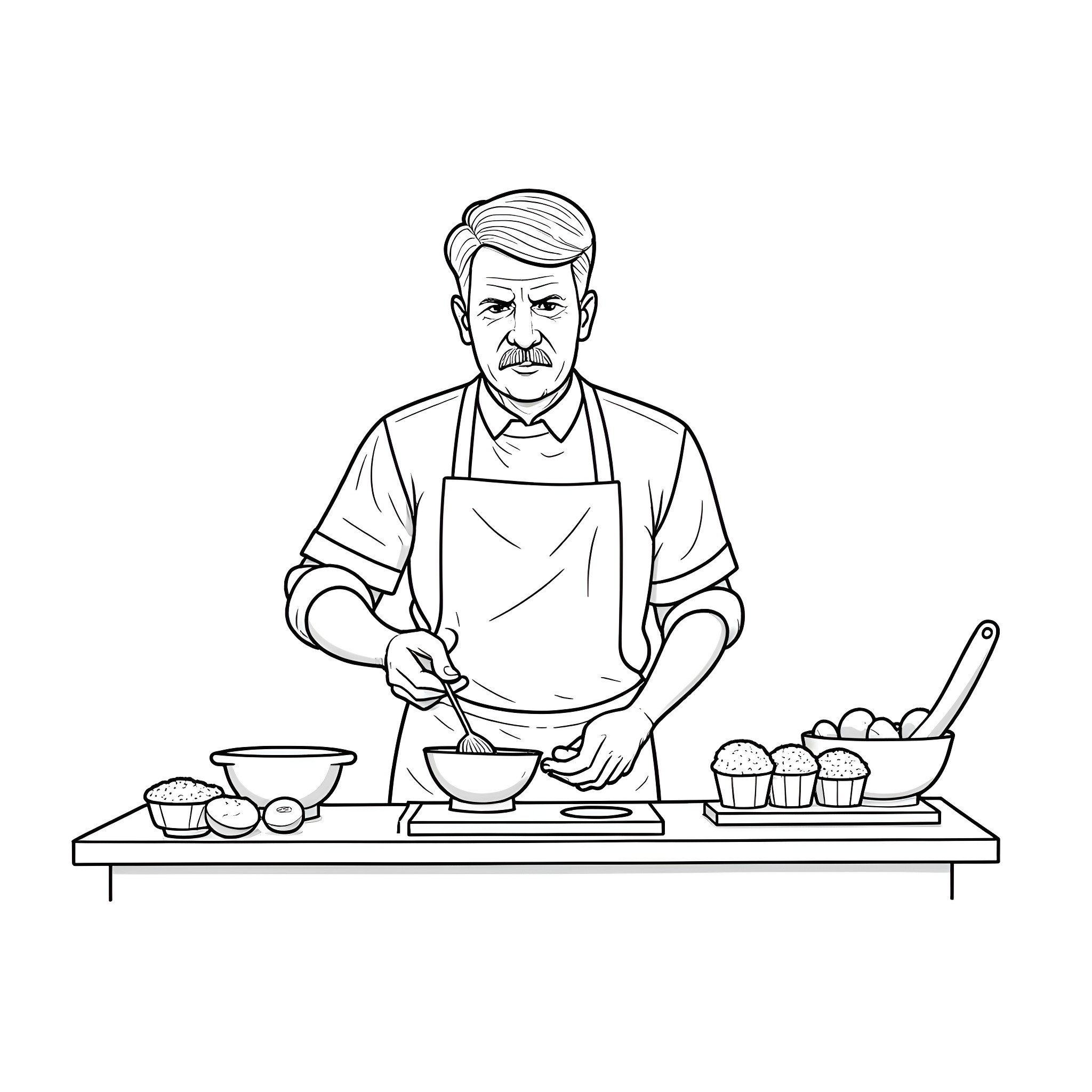 Adolf Hitler cooking in the kitchen Coloring Page (free black-and-white line drawing printable PDF for all, from beginners to advanced learners, including children, teens, adults, and seniors)