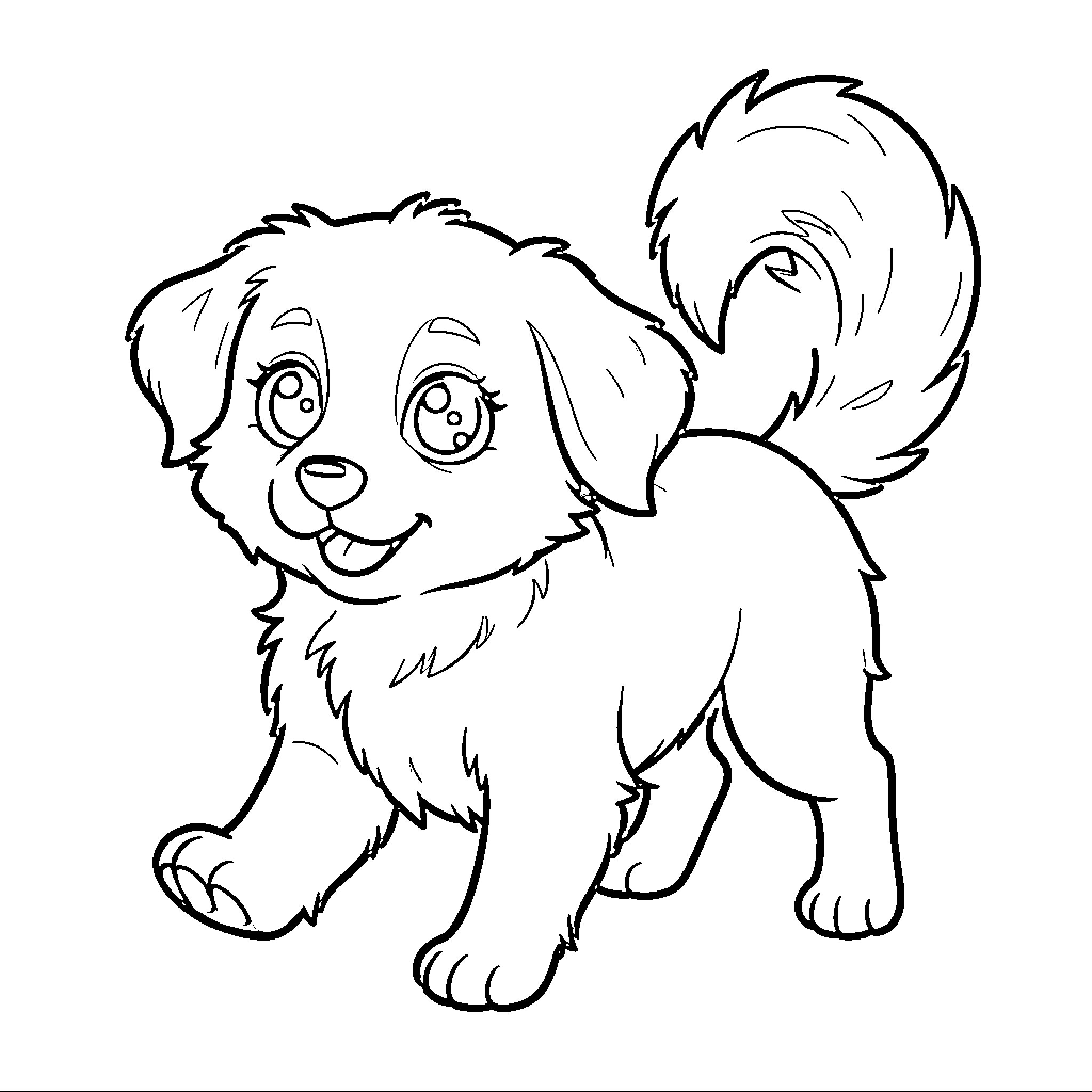 Dog with fluffy fur playing happily Coloring Page (free black-and-white line drawing printable PDF for all, from beginners to advanced learners, including children, teens, adults, and seniors)
