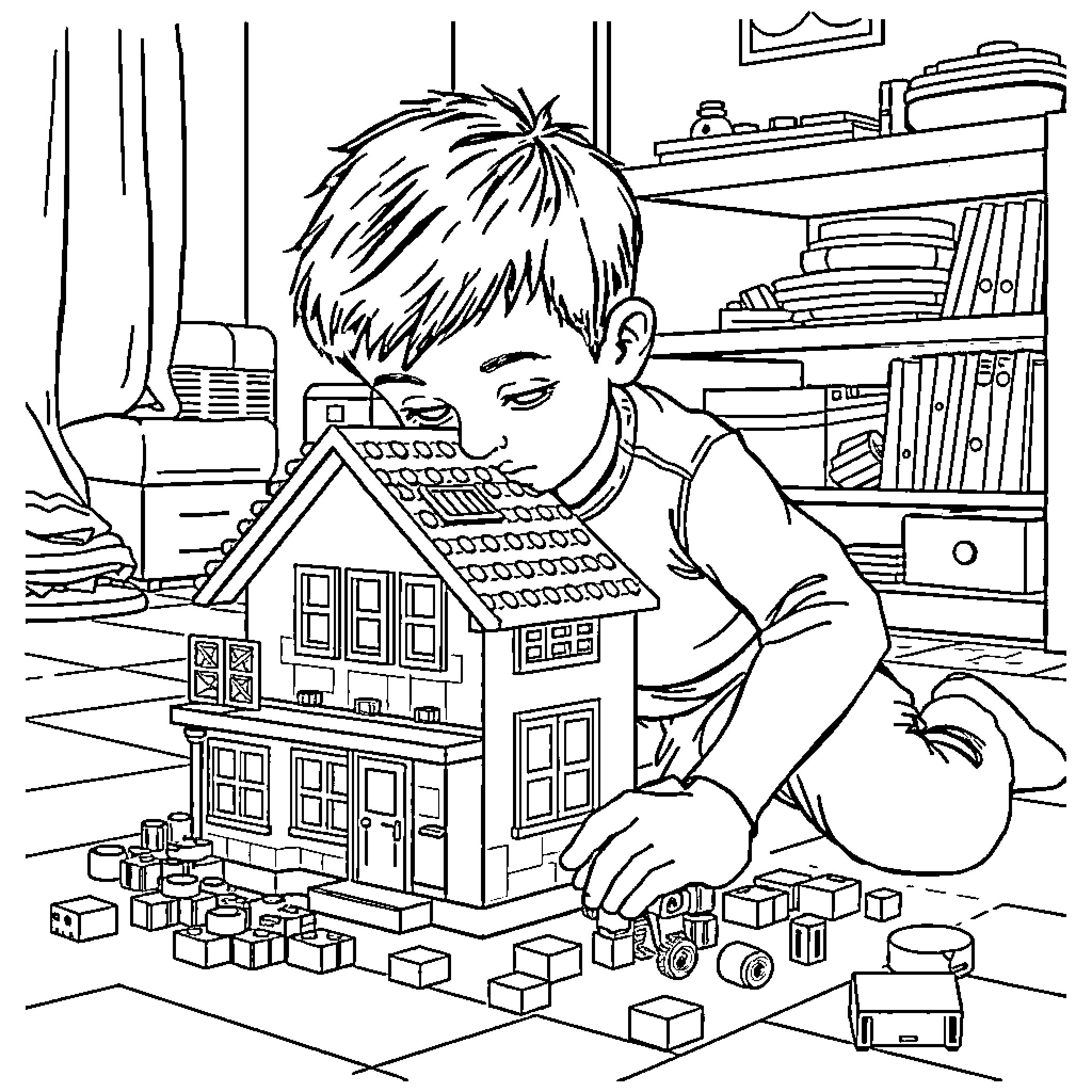Boy playing with toy house and blocks Coloring Page (free black-and-white line drawing printable PDF for all, from beginners to advanced learners, including children, teens, adults, and seniors)