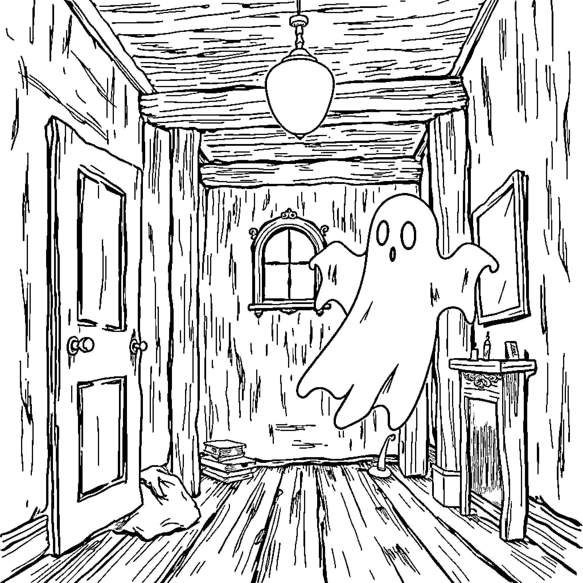 Ghost floating ominously in haunted hallway Coloring Page (free black-and-white line drawing printable PDF for all, from beginners to advanced learners, including children, teens, adults, and seniors)