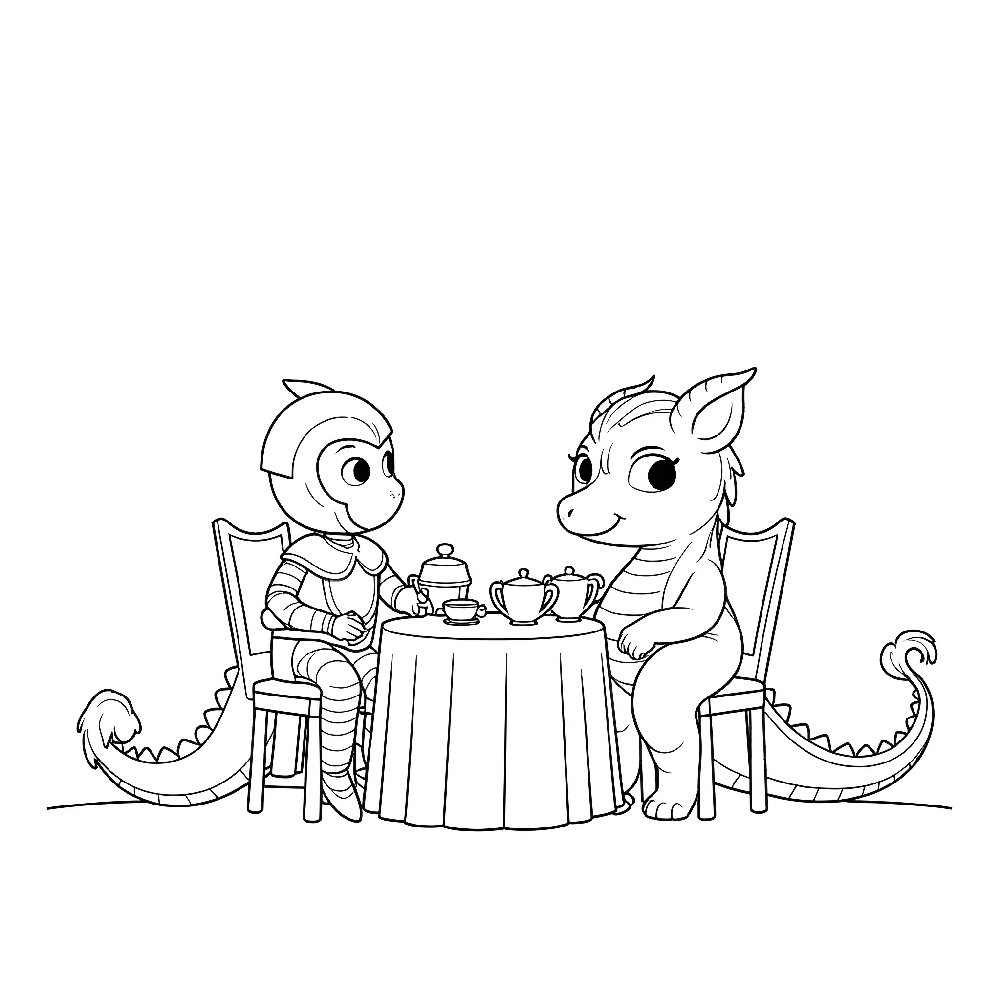 Knight dragons having a tea party Coloring Page (free black-and-white line drawing printable PDF for all, from beginners to advanced learners, including children, teens, adults, and seniors)