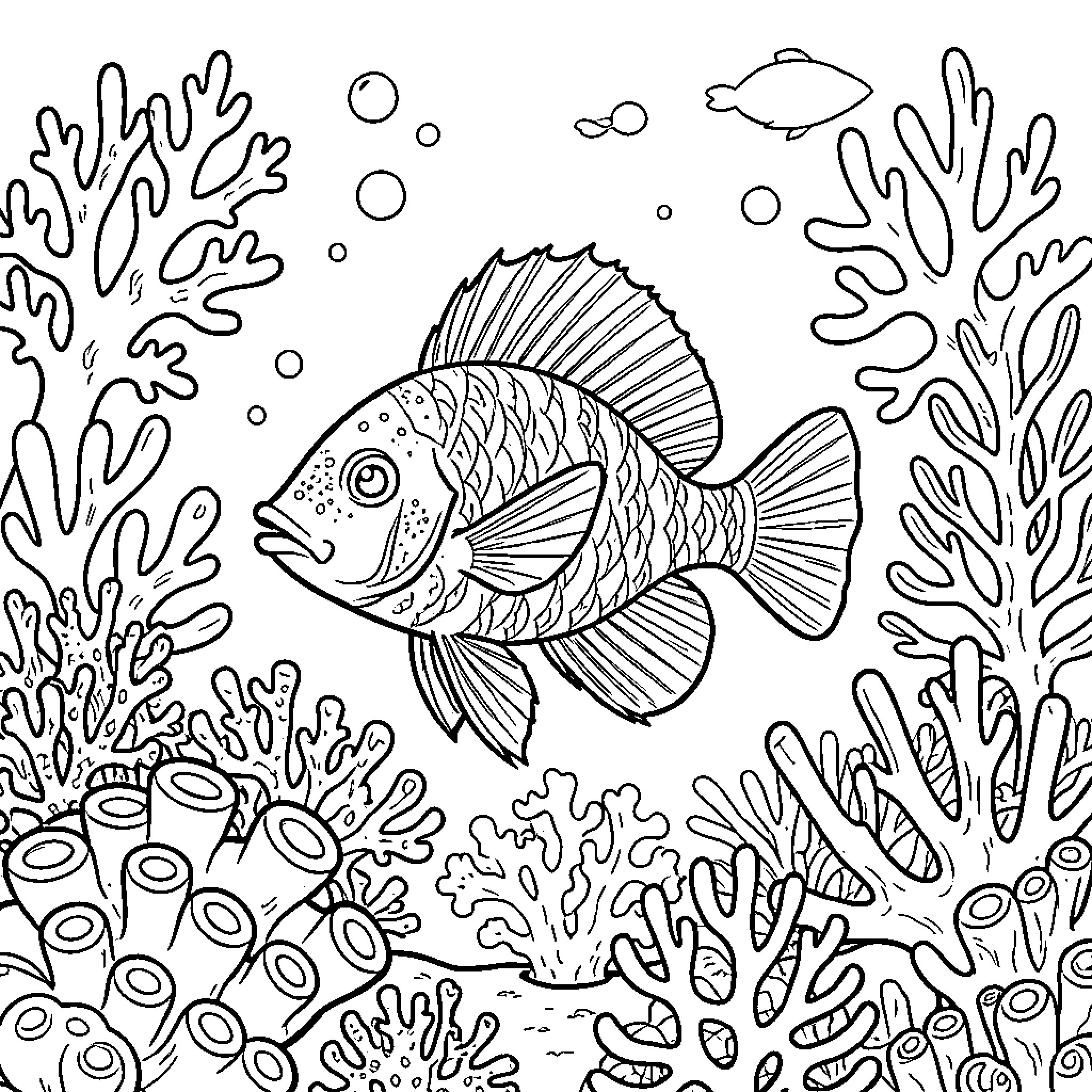 Animal swimming among colorful coral reef Coloring Page (free black-and-white line drawing printable PDF for all, from beginners to advanced learners, including children, teens, adults, and seniors)