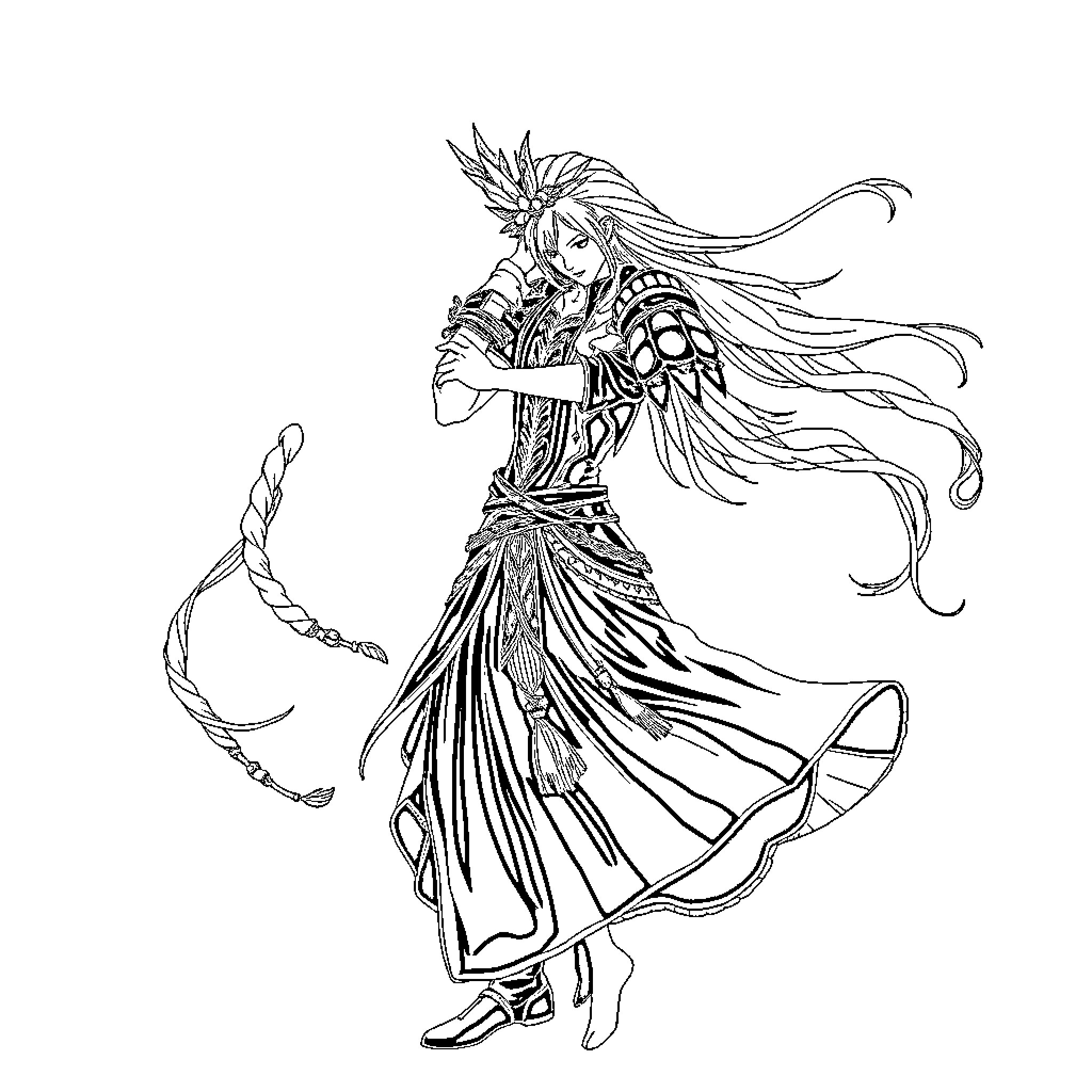 Emet Selch in Elegant Attire Gracefully Dancing Coloring Page (free black-and-white line drawing printable PDF for all, from beginners to advanced learners, including children, teens, adults, and seniors)