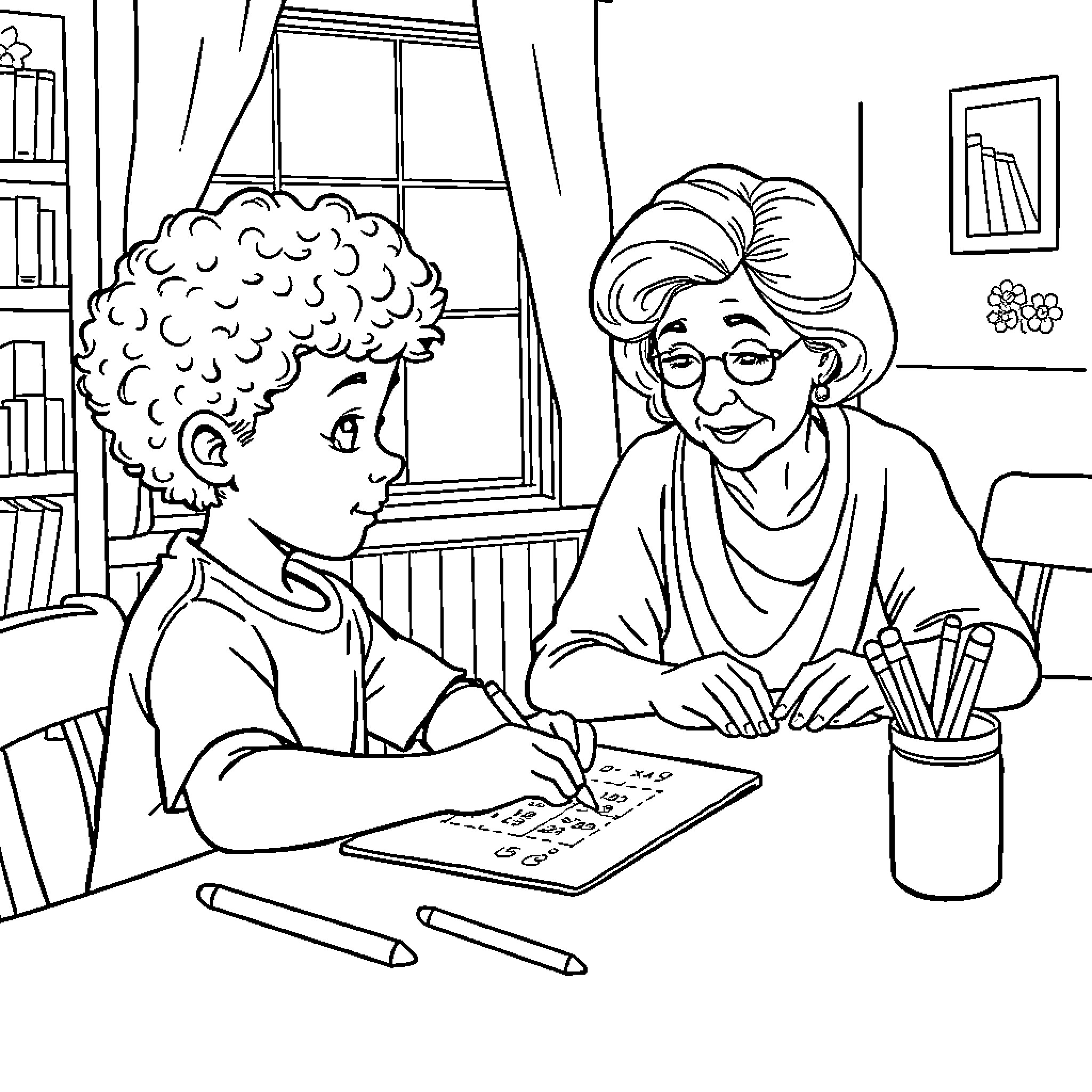 Kid helping elderly woman with writing task Coloring Page (free black-and-white line drawing printable PDF for all, from beginners to advanced learners, including children, teens, adults, and seniors)