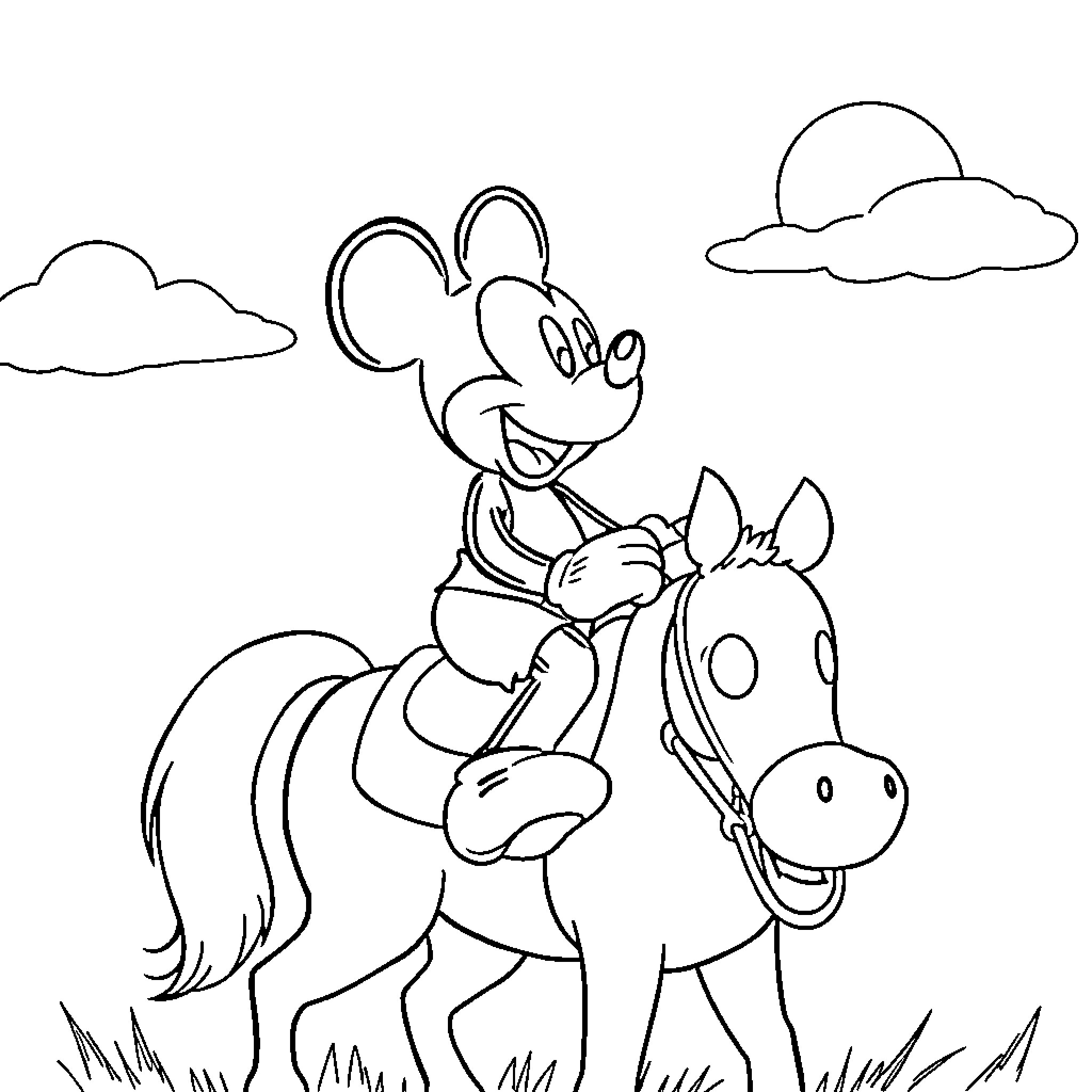 Mickey Mouse riding a horse in the countryside Coloring Page (free black-and-white line drawing printable PDF for all, from beginners to advanced learners, including children, teens, adults, and seniors)