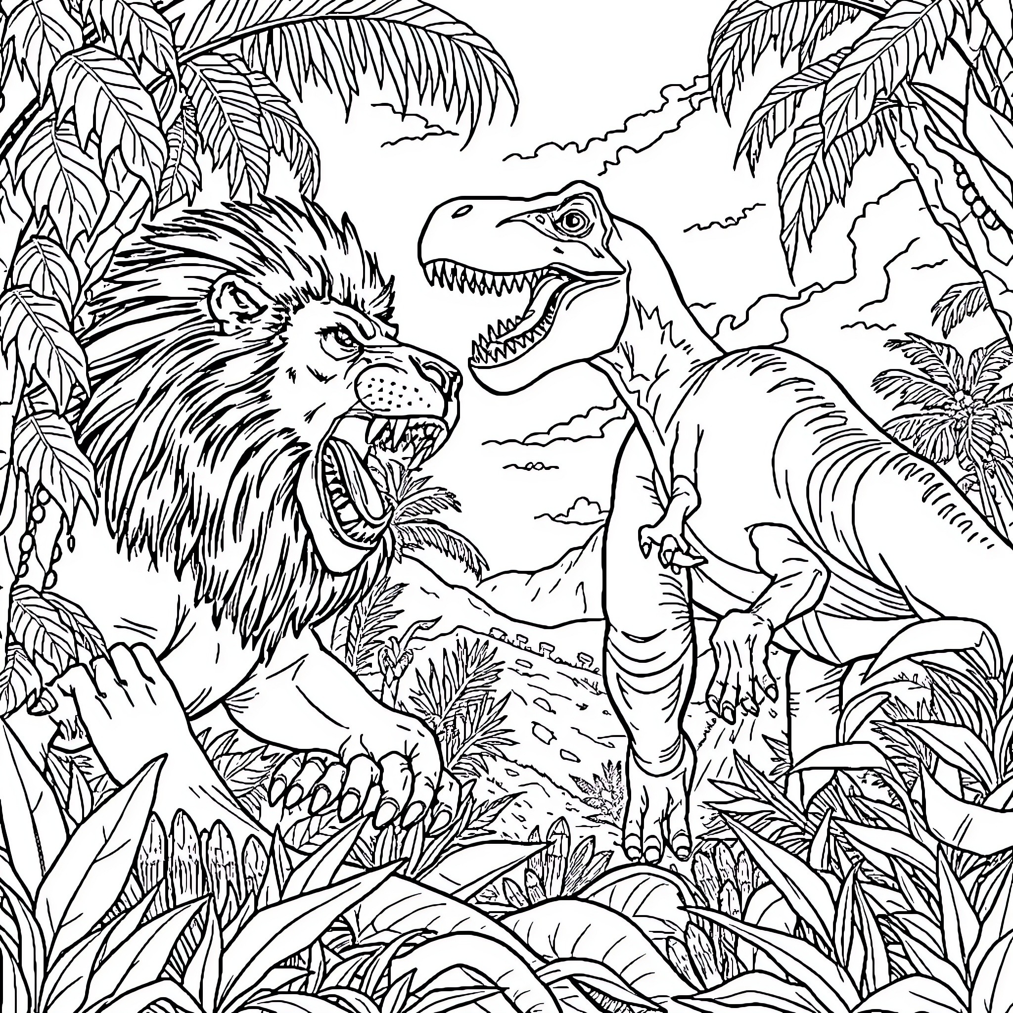 Singa's Prehistoric Encounter Coloring Page (free black-and-white line drawing printable PDF for all, from beginners to advanced learners, including children, teens, adults, and seniors)