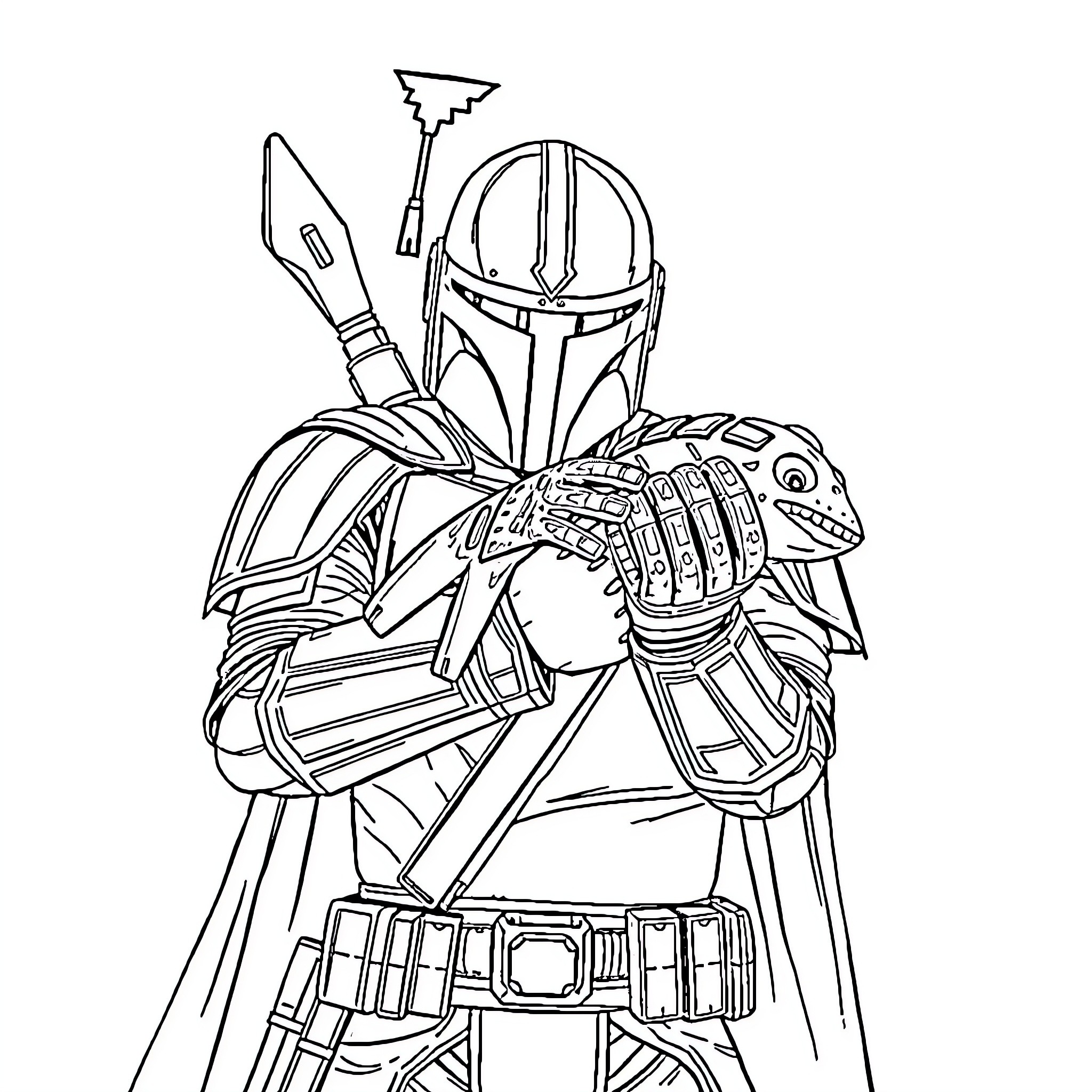 Mandalorian Warrior in Armored Gear Coloring Page (free black-and-white line drawing printable PDF for all, from beginners to advanced learners, including children, teens, adults, and seniors)
