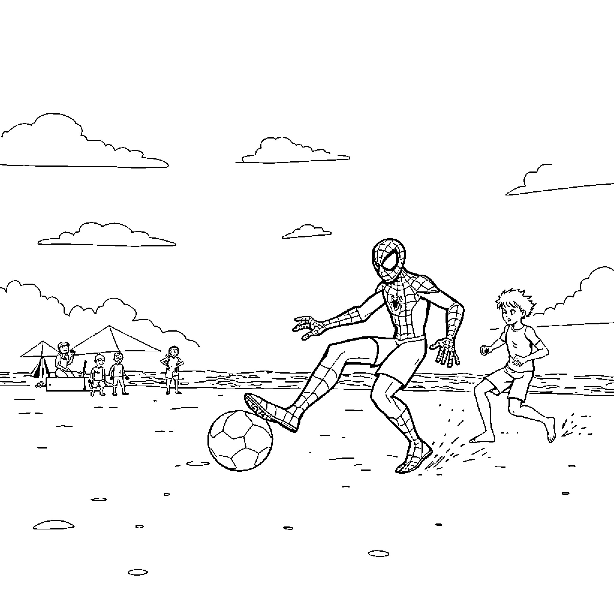 Spidey playing soccer on the beach with a boy Coloring Page (free black-and-white line drawing printable PDF for all, from beginners to advanced learners, including children, teens, adults, and seniors)