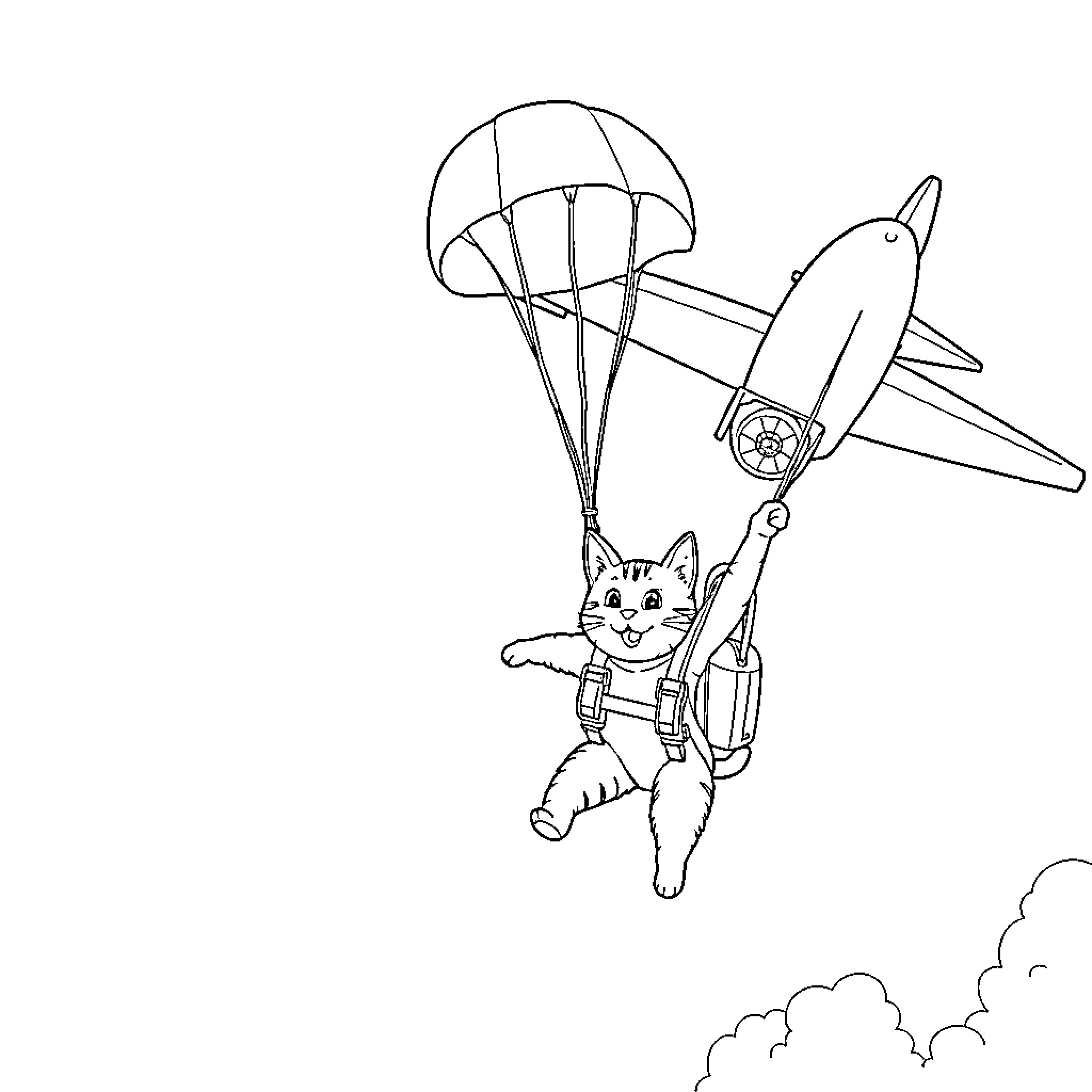 Cat skydiving with toy plane Coloring Page (free black-and-white line drawing printable PDF for all, from beginners to advanced learners, including children, teens, adults, and seniors)