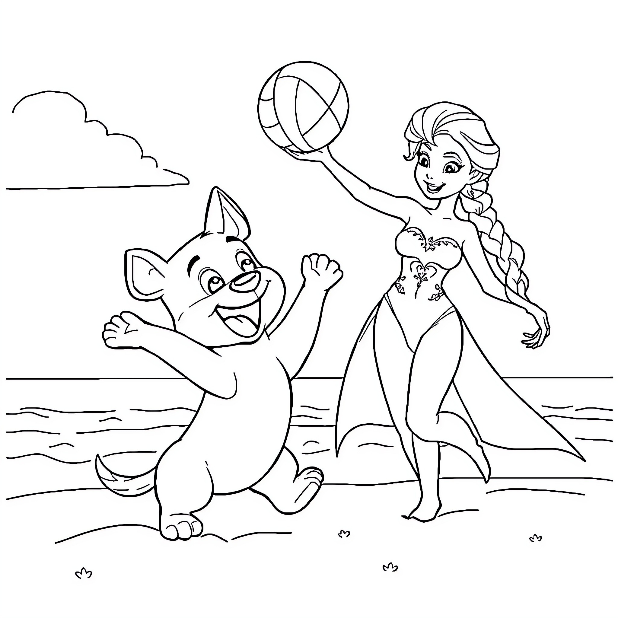 Bluey and her animal friend play by the sea Coloring Page (free black-and-white line drawing printable PDF for all, from beginners to advanced learners, including children, teens, adults, and seniors)