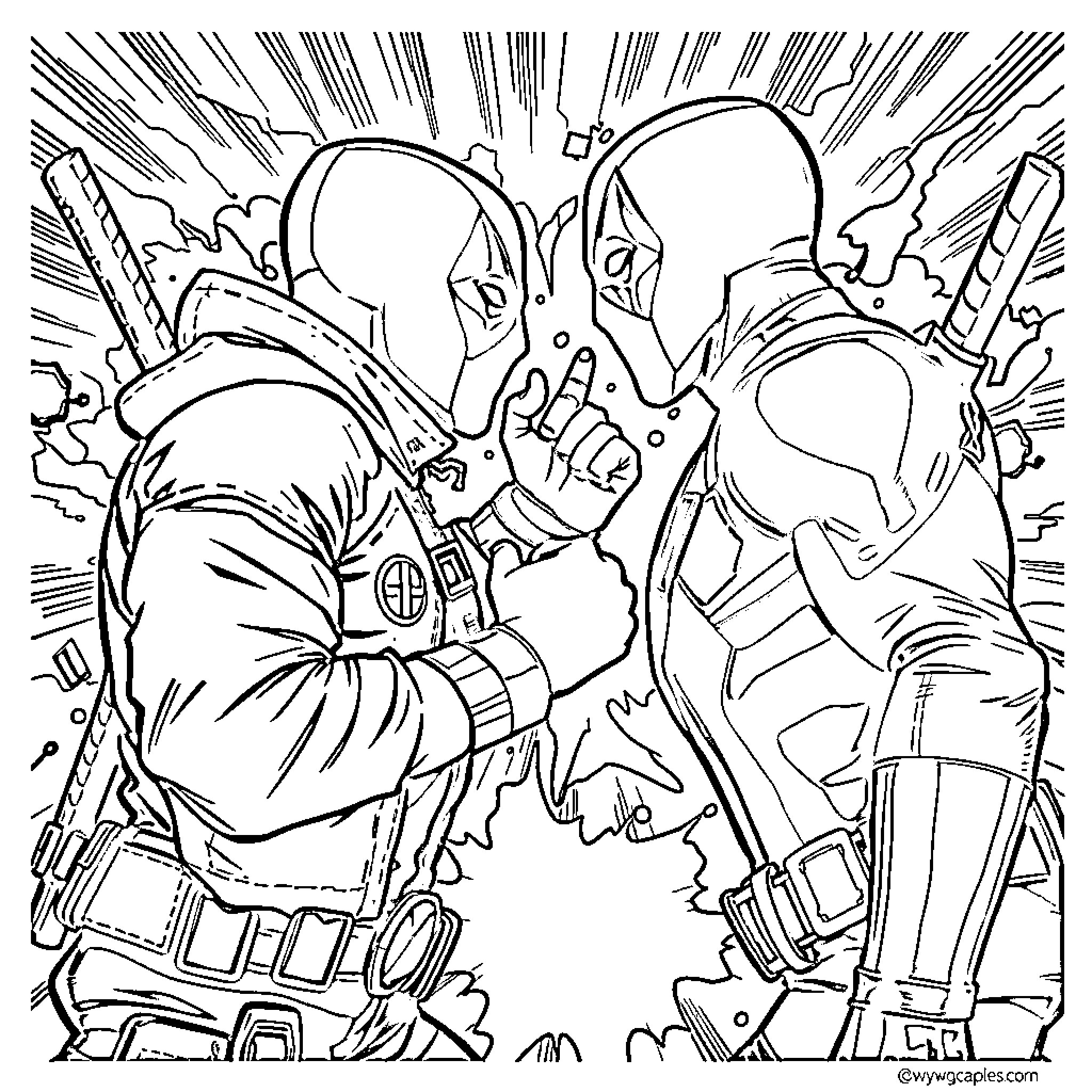 Deadpool in an explosive action scene Coloring Page (free black-and-white line drawing printable PDF for all, from beginners to advanced learners, including children, teens, adults, and seniors)
