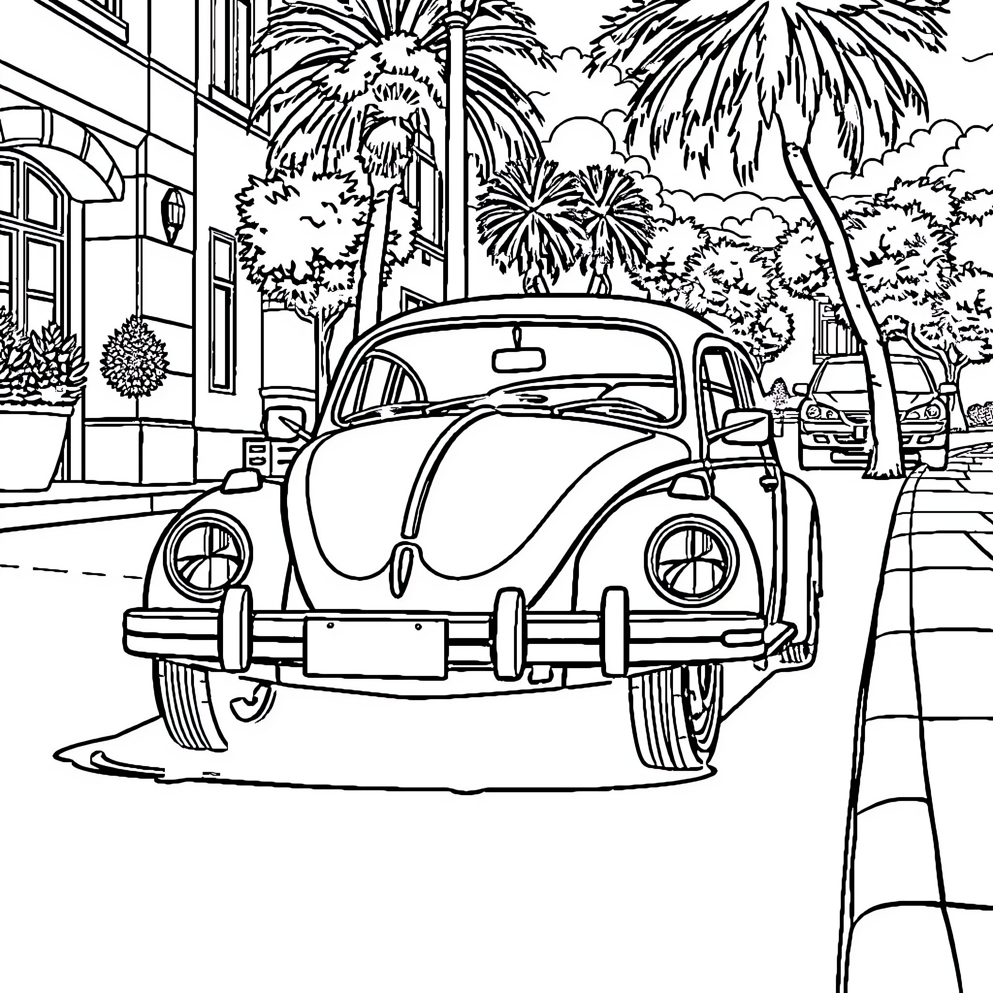 Volkswagen Bug parked in tropical city street Coloring Page (free black-and-white line drawing printable PDF for all, from beginners to advanced learners, including children, teens, adults, and seniors)