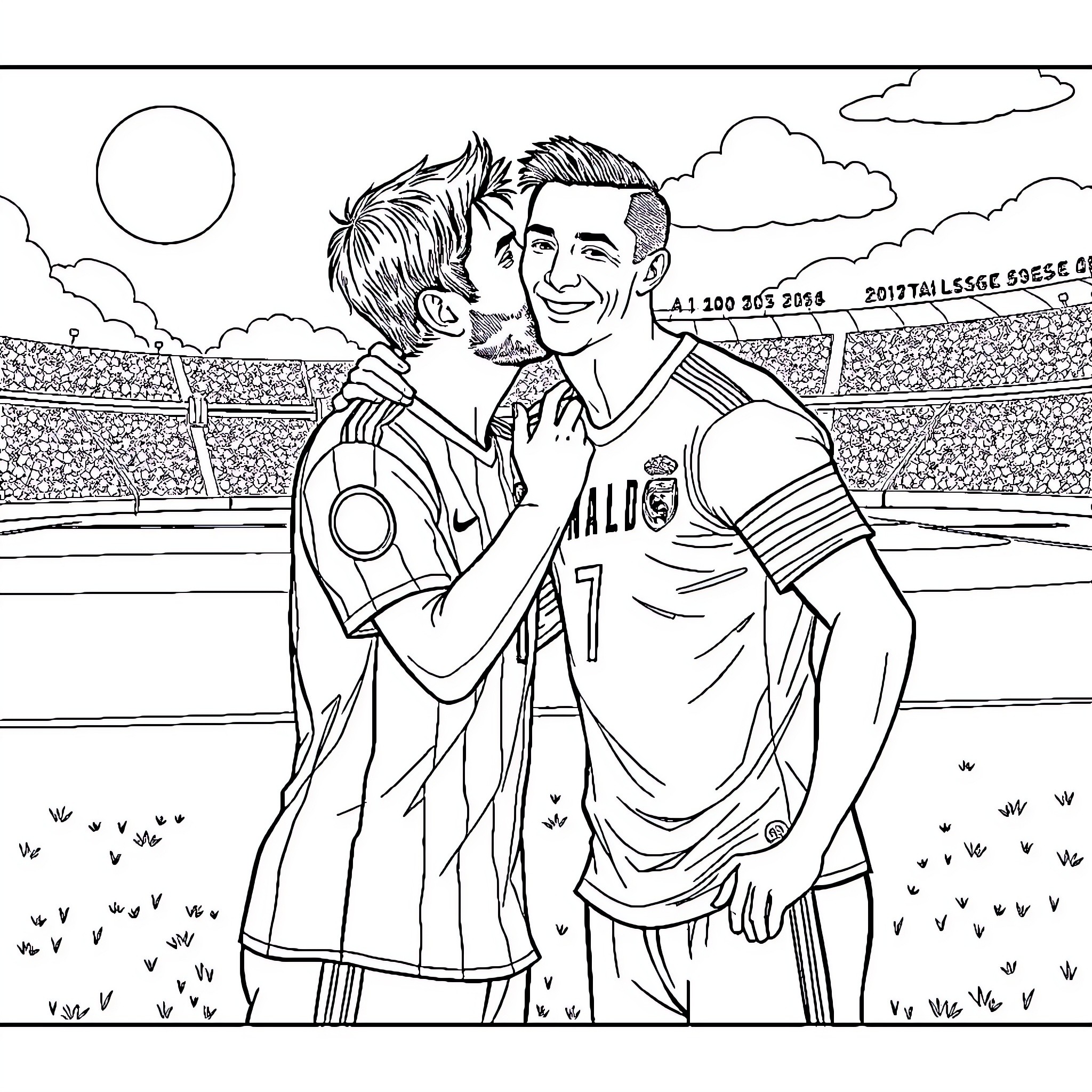 Messi and teammate celebrate victory on the field Coloring Page (free black-and-white line drawing printable PDF for all, from beginners to advanced learners, including children, teens, adults, and seniors)