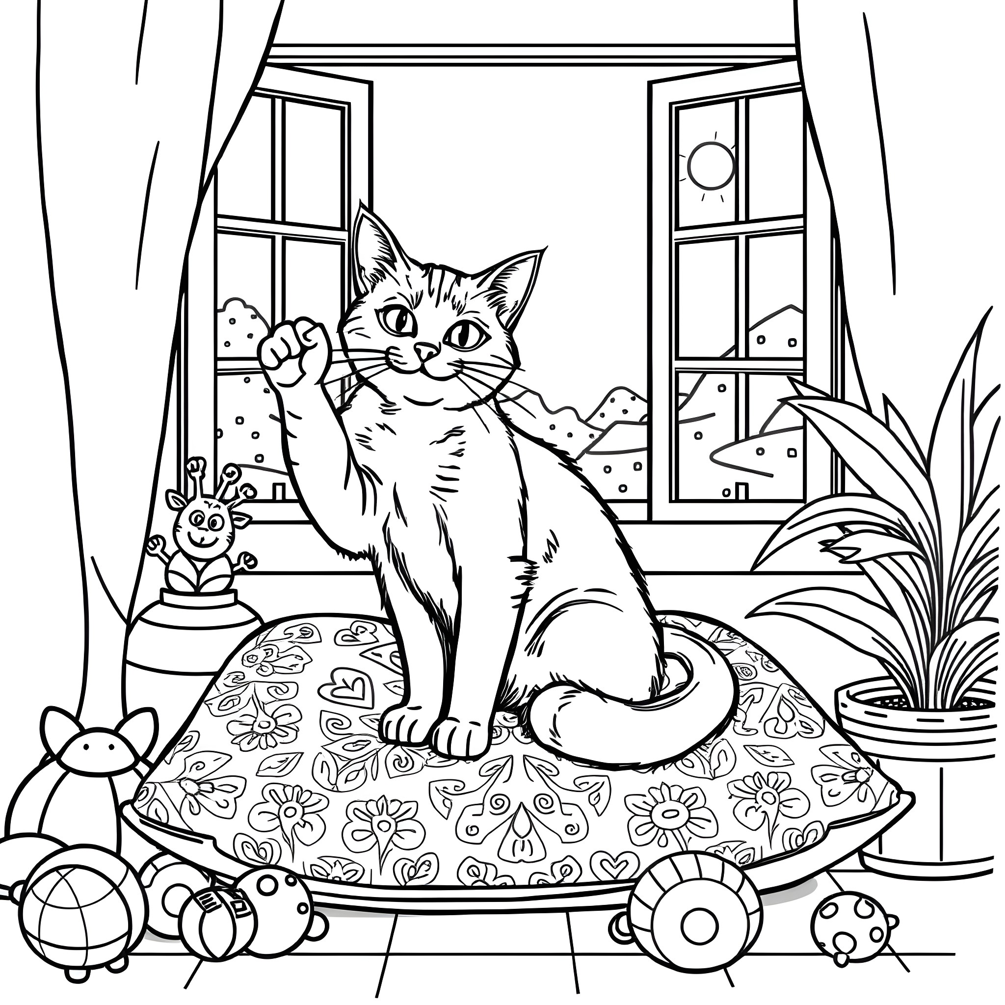 Cat sitting on a floral cushion in a cozy room Coloring Page (free black-and-white line drawing printable PDF for all, from beginners to advanced learners, including children, teens, adults, and seniors)