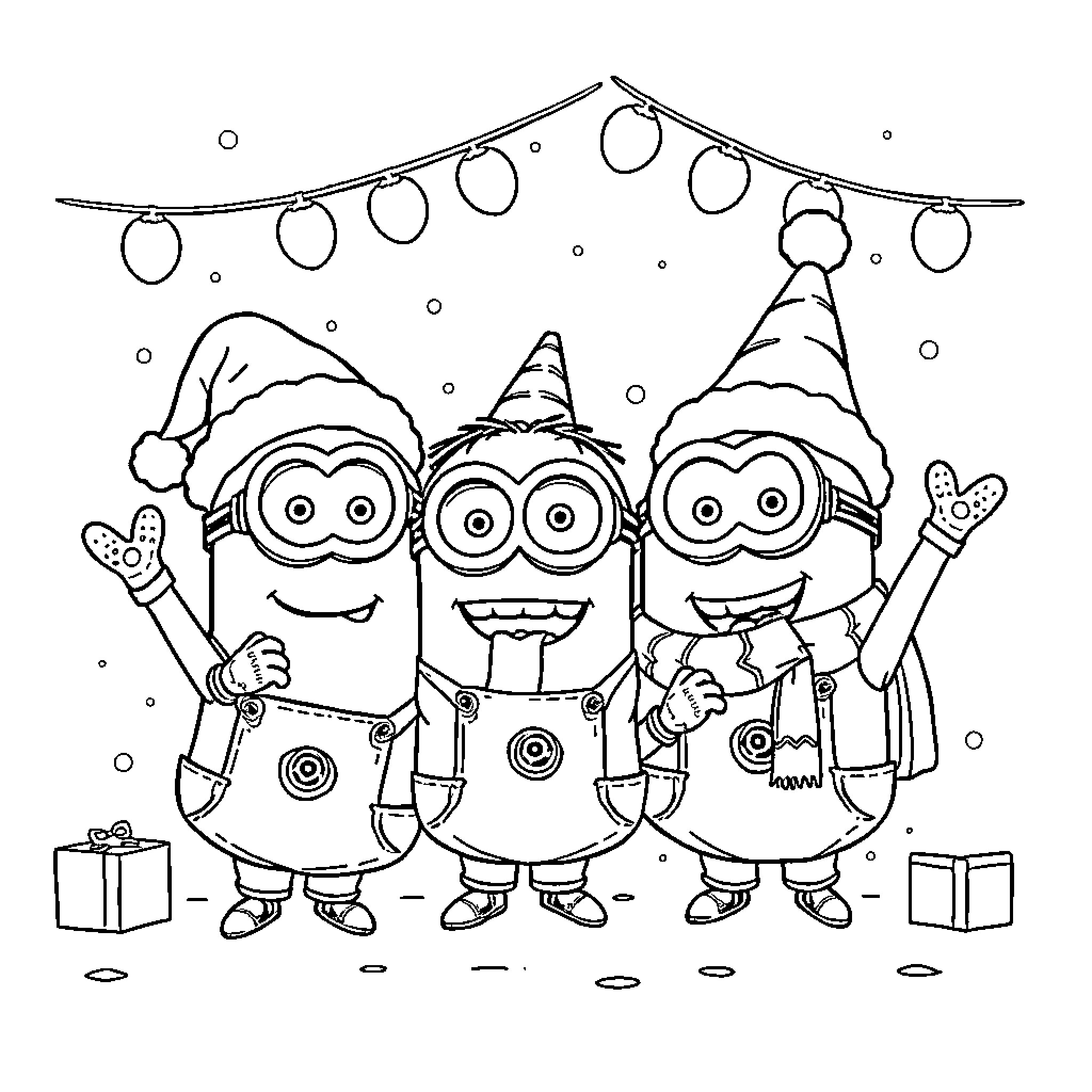 Minions celebrating holiday with costumes and gifts Coloring Page (free black-and-white line drawing printable PDF for all, from beginners to advanced learners, including children, teens, adults, and seniors)