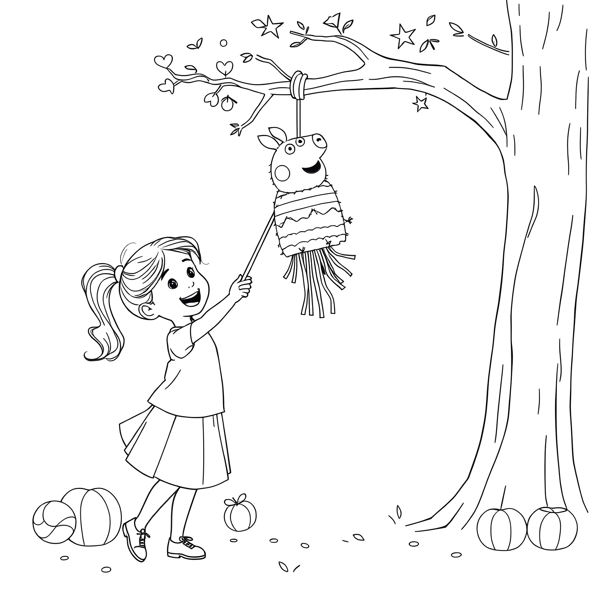 Pinata time - Girl playing with colorful party decor Coloring Page (free black-and-white line drawing printable PDF for all, from beginners to advanced learners, including children, teens, adults, and seniors)